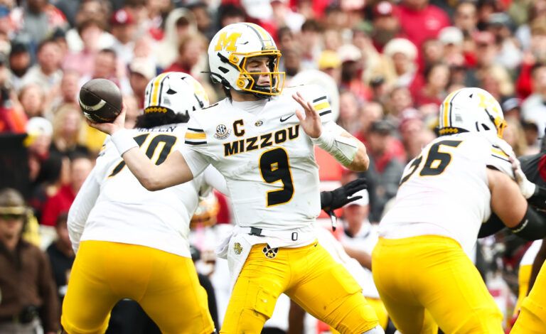 Missouri Tigers quarterback Beau Pribula (9) throws during the game against the Oklahoma Sooners at Gaylord Family-Oklahoma Memorial Stadium.