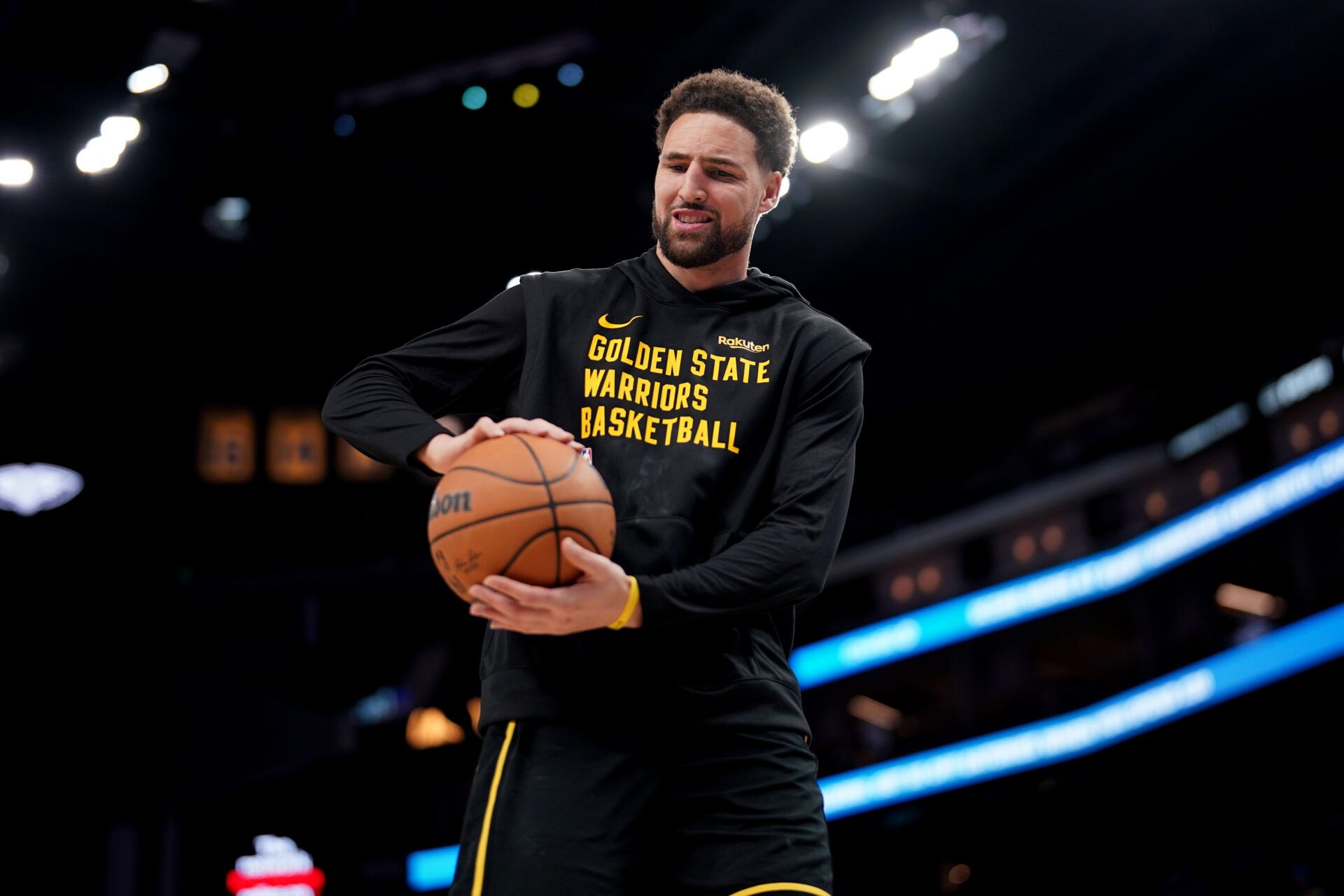 Golden State Warriors guard Klay Thompson (11) holds onto the ball before the start of the game against the New Orleans Pelicans at the Chase Center.