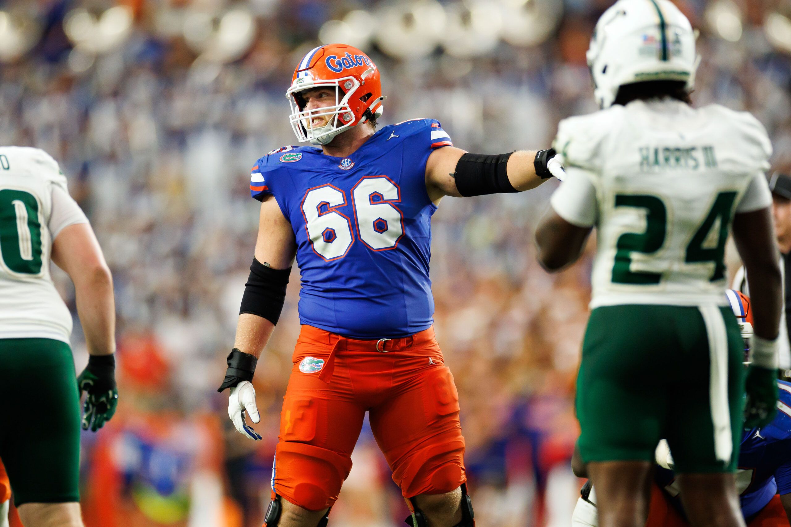 Florida Gators offensive lineman Jake Slaughter (66) gestures against the South Florida Bulls during the second half at Ben Hill Griffin Stadium.