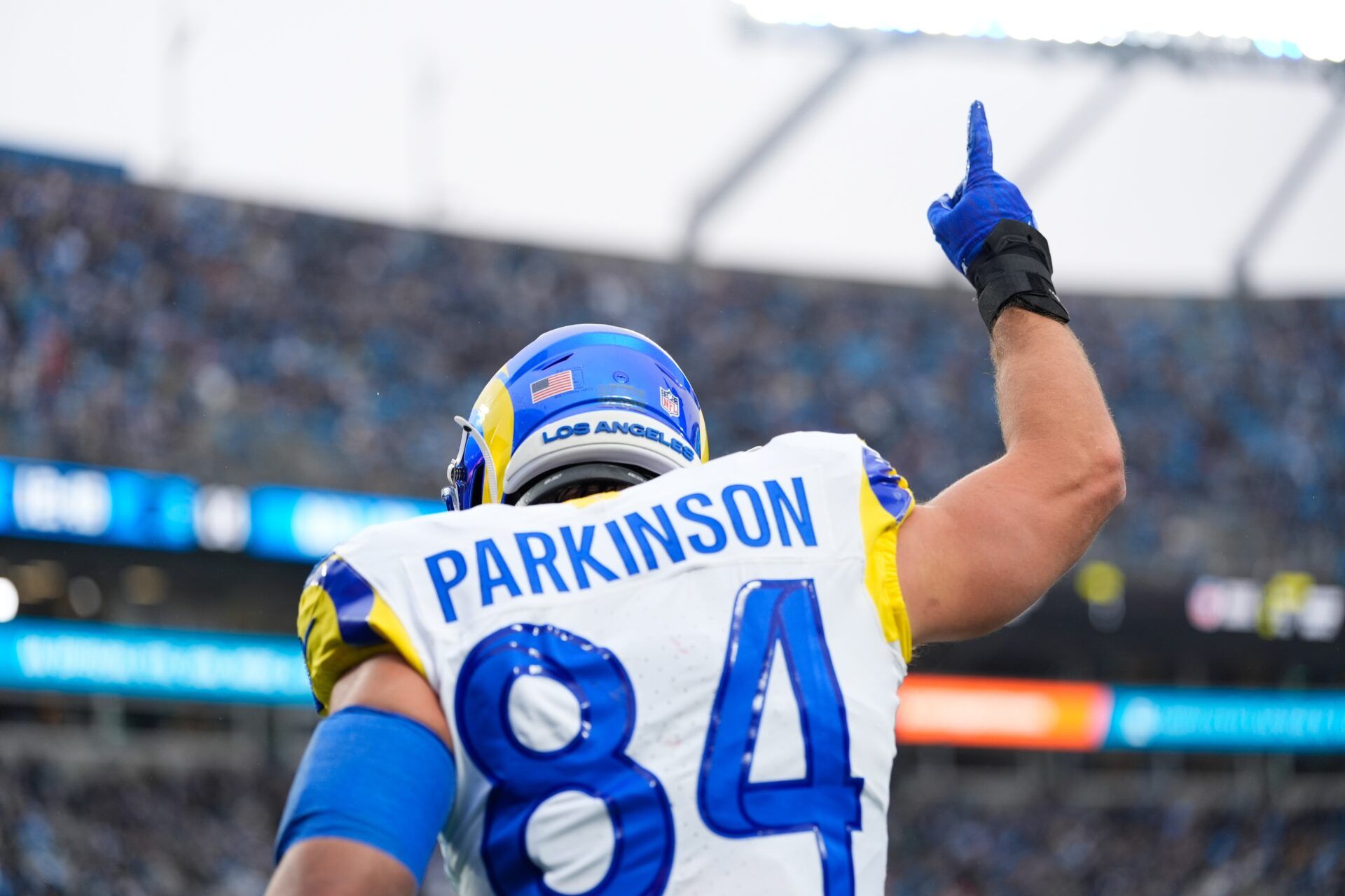 Los Angeles Rams tight end Colby Parkinson (84) celebrates after a play during the second quarter against the Carolina Panthers at Bank of America Stadium.
