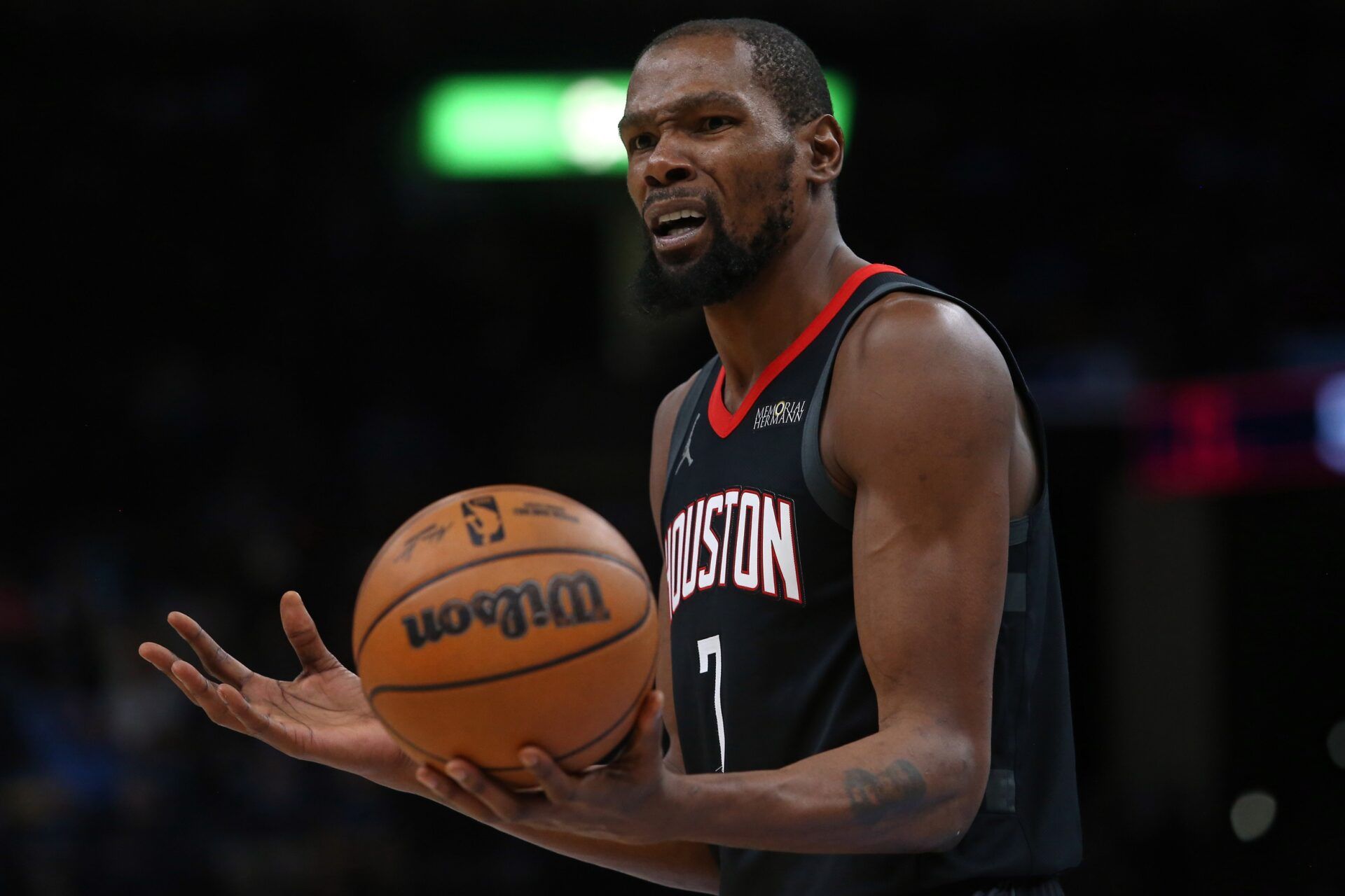 Houston Rockets forward Kevin Durant (7) reacts during the second quarter against the Memphis Grizzlies at FedExForum.