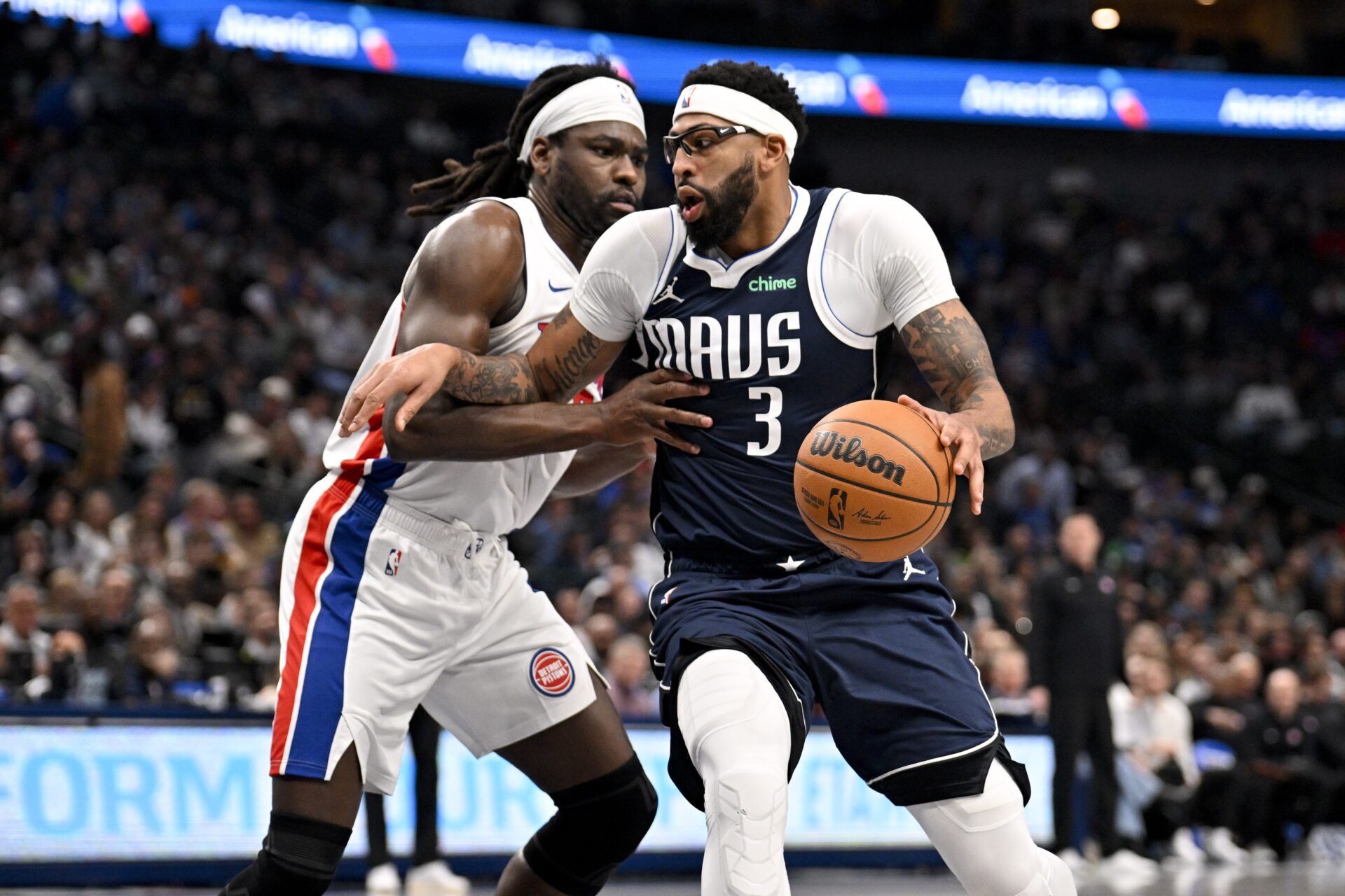 Dallas Mavericks forward Anthony Davis (3) drives to the basket against Detroit Pistons forward Isaiah Stewart (28) during the second quarter at the American Airlines Center.