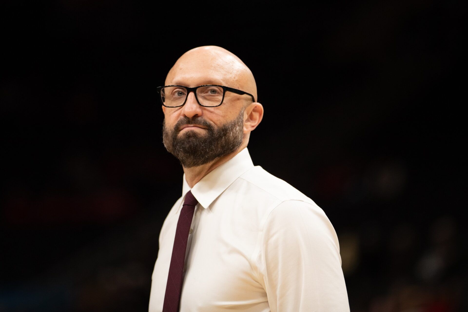 Texas A&M head coach Jamie Morrison before the start of a 2025 NCAA Women’s Volleyball Championship semifinal match at T-Mobile Center.