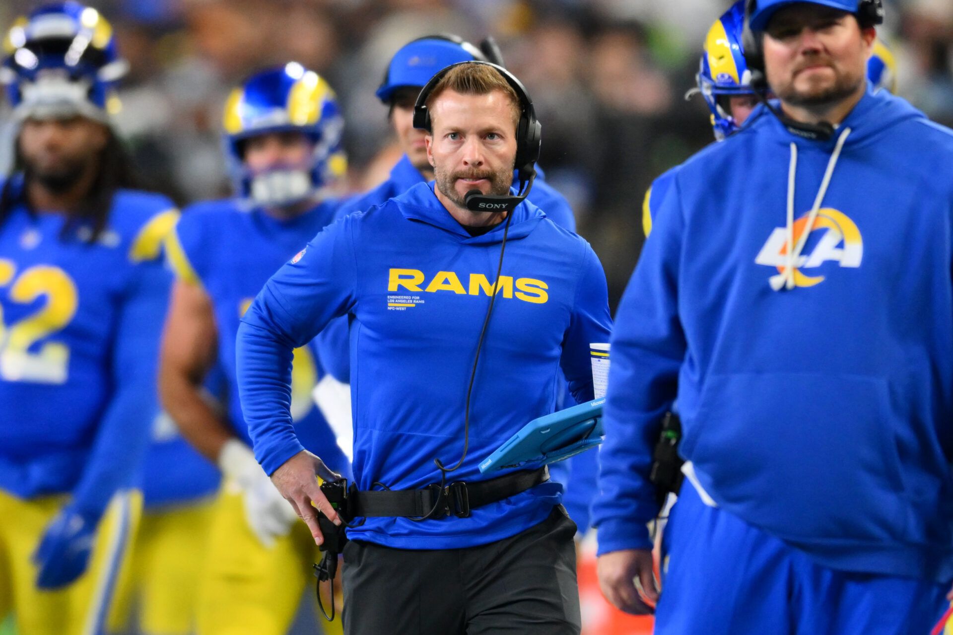 Los Angeles Rams head coach Sean McVay looks on in the first half against the Seattle Seahawks at Lumen Field.