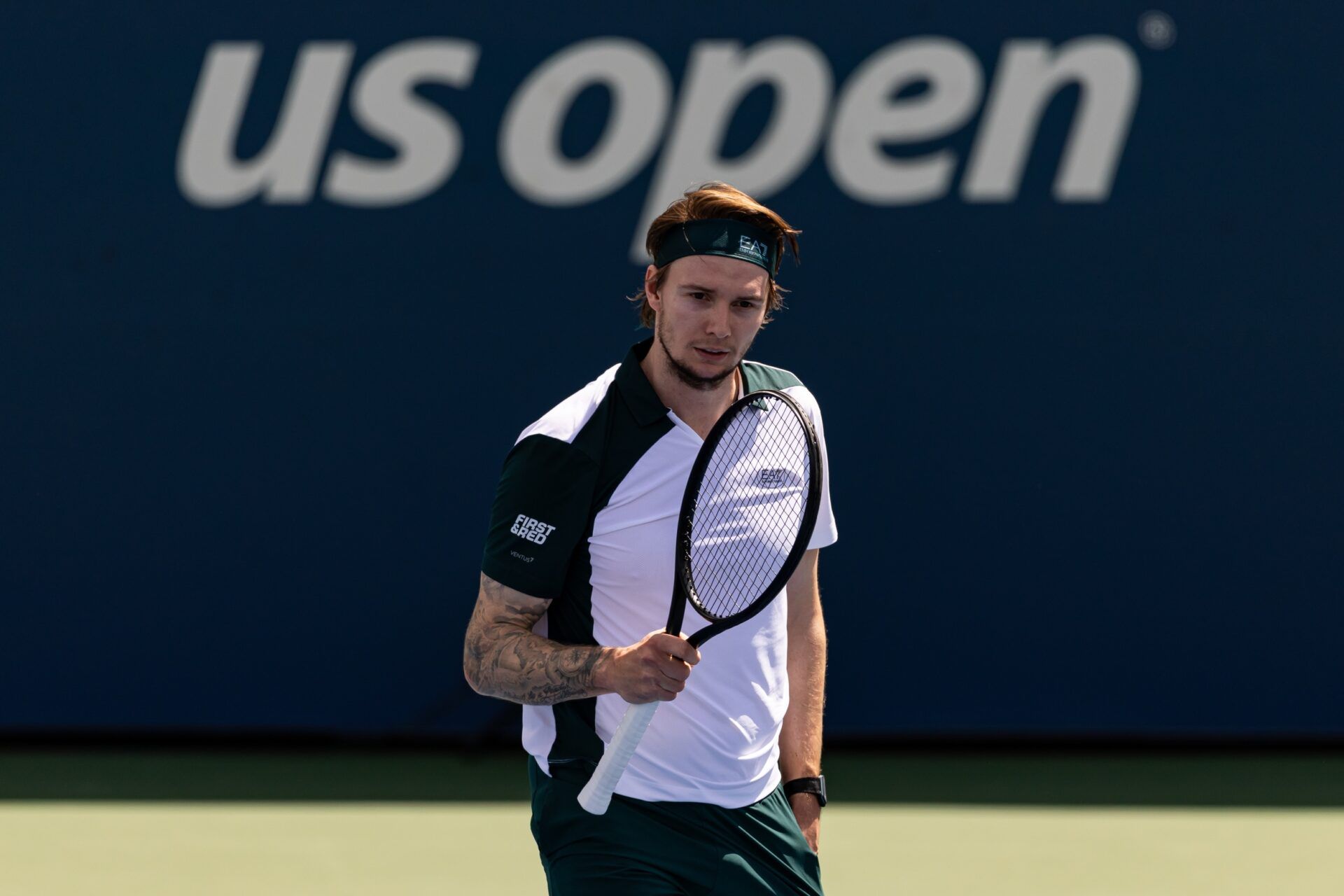 Alexander Bublik of Kazakhstan in action against Marin Cilic of Croatia in the first round of the mens singles at the US Open at Billie Jean King National Tennis Centre.