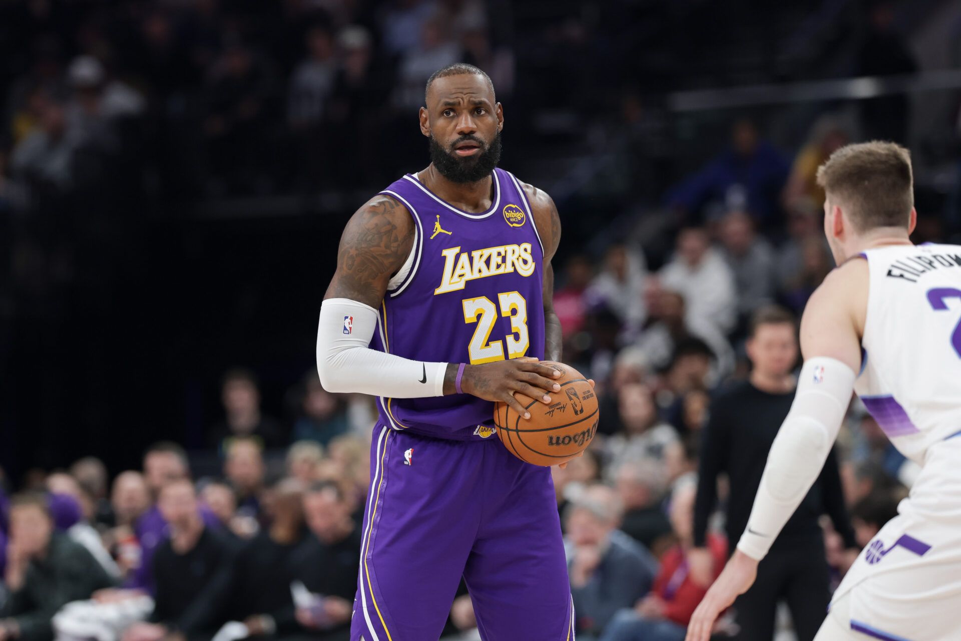 Los Angeles Lakers forward Lebron James (23) holds the ball during the second quarter against the Utah Jazz at Delta Center.