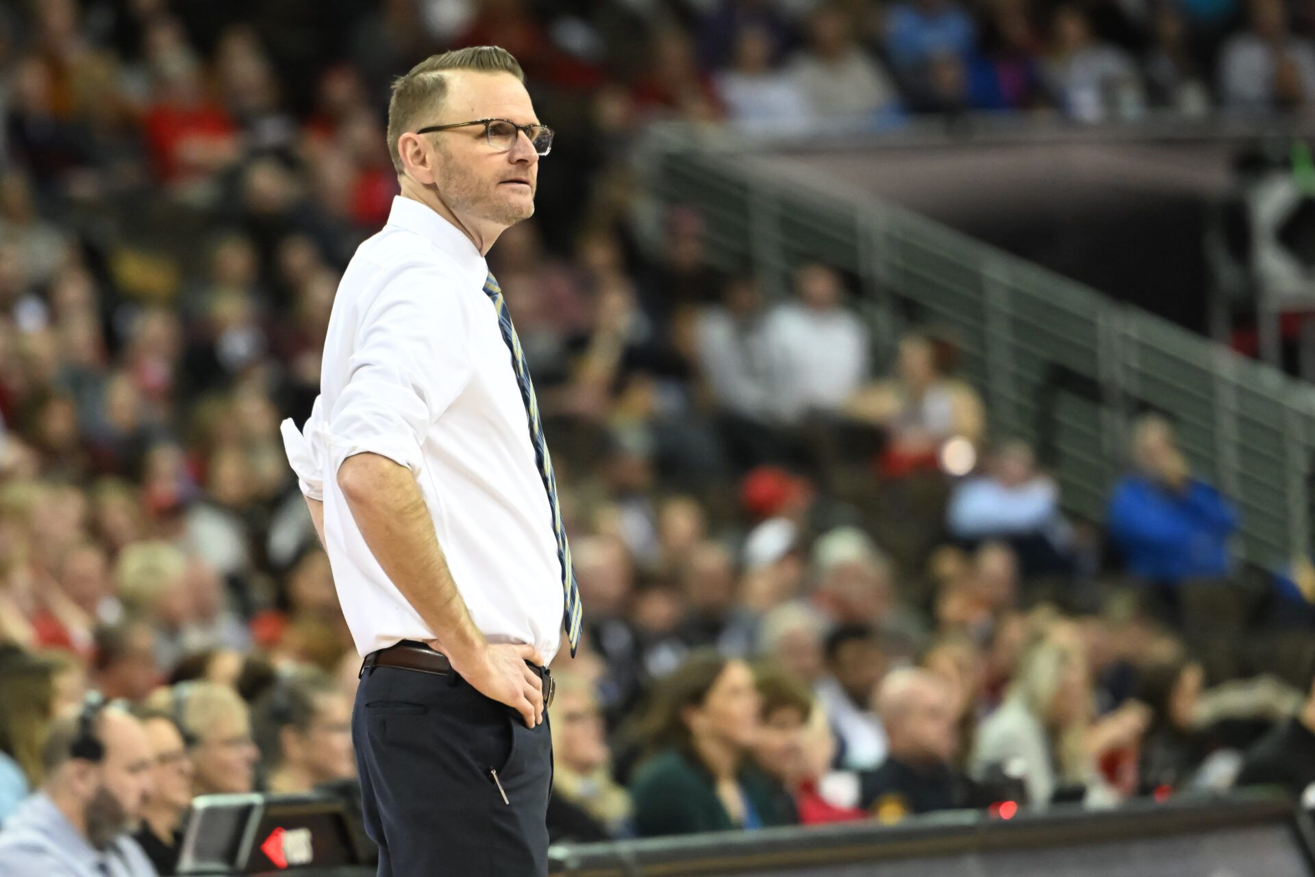Pittsburg Panthers head coach Dan Fisher watches action against the Louisville Cardinals in the semi-final match at CHI Health Center.