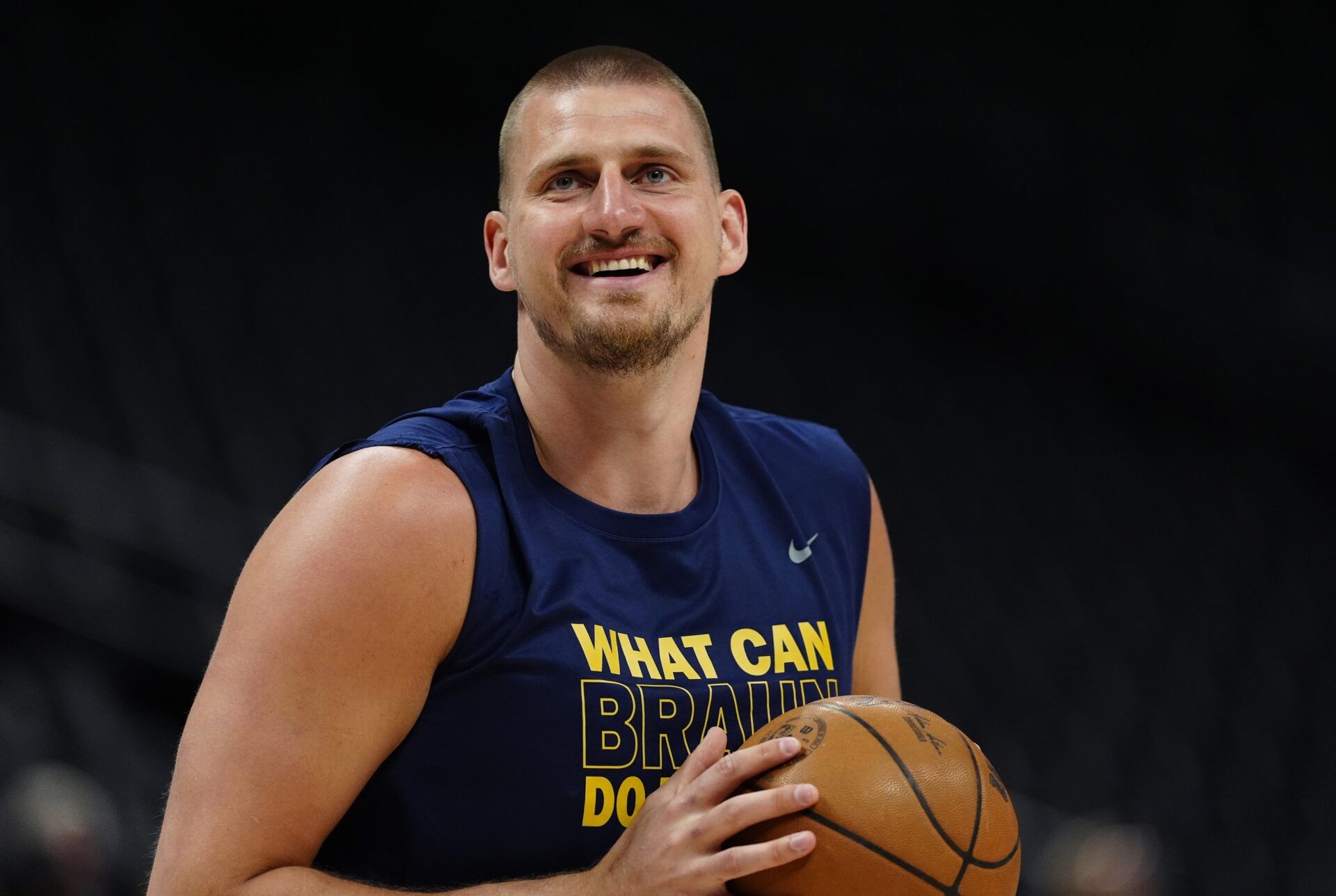 Denver Nuggets center Nikola Jokic (15) reacts before the game against the Memphis Grizzlies at Ball Arena.