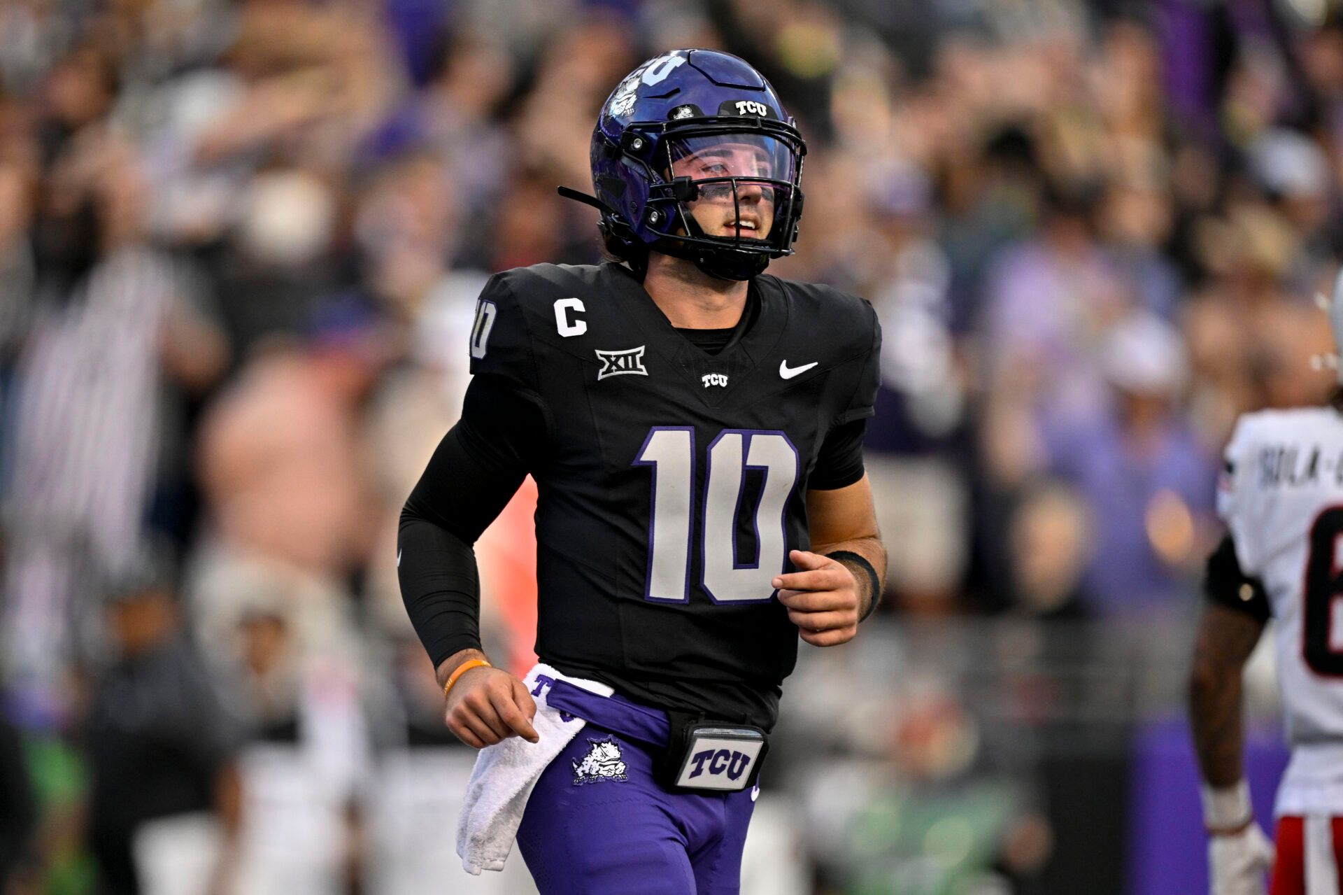 TCU Horned Frogs quarterback Josh Hoover (10) comes off the field during the game between the Horned Frogs and the Bearcats at Amon G. Carter Stadium.
