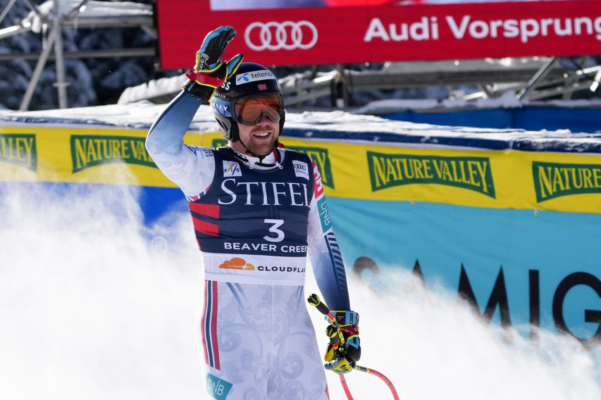 Aleksander Aamodt Kilde of Norway reacts after competing during the men's downhill alpine skiing race during the FIS World Cup at Birds of Prey.