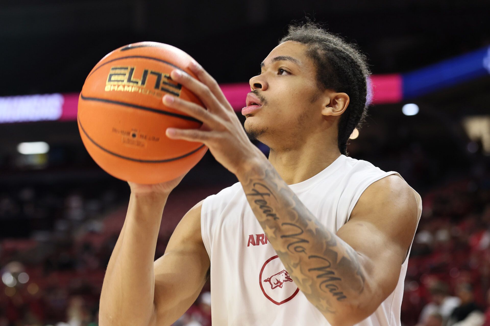 Arkansas Razorbacks guard Darius Acuff Jr warms up prior to the game against the Queens Royals at Bud Walton Arena.