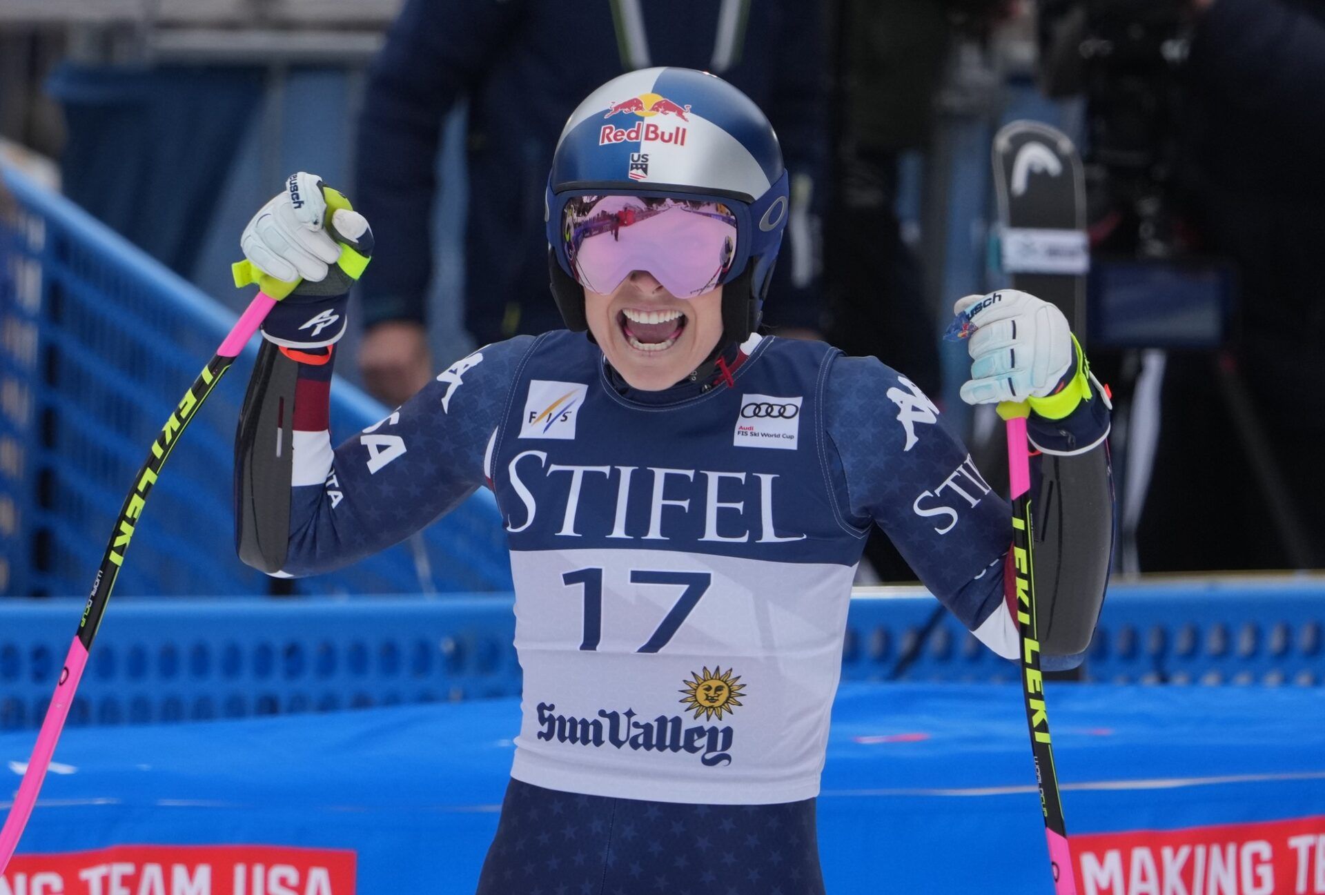 Lindsey Vonn of the United States reacts in the finish area during the women's Super G alpine skiing race in the 2025 FIS Ski World Cup at Sun Valley.