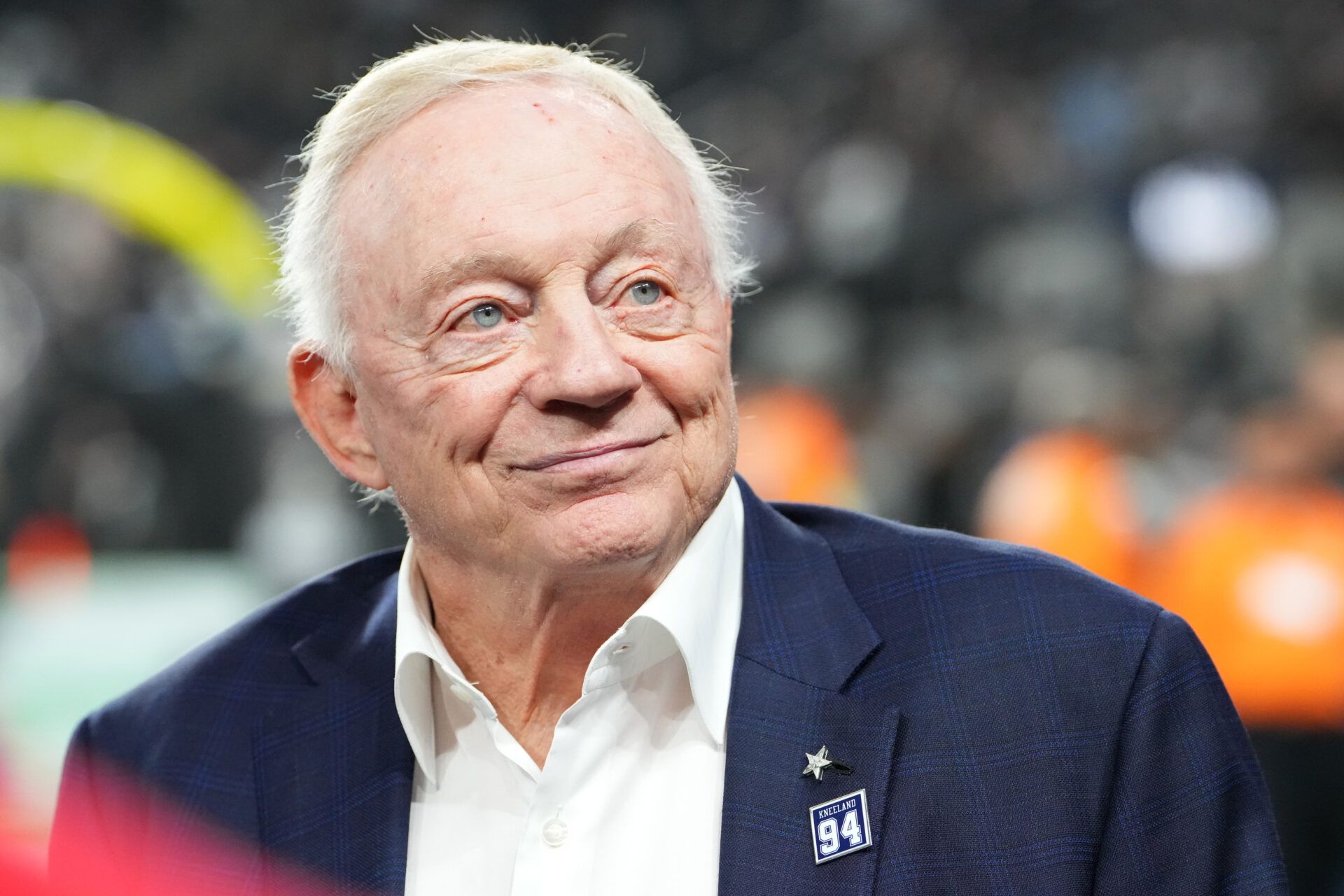 Dallas Cowboys owner Jerry Jones during warmups against the Las Vegas Raiders at Allegiant Stadium.