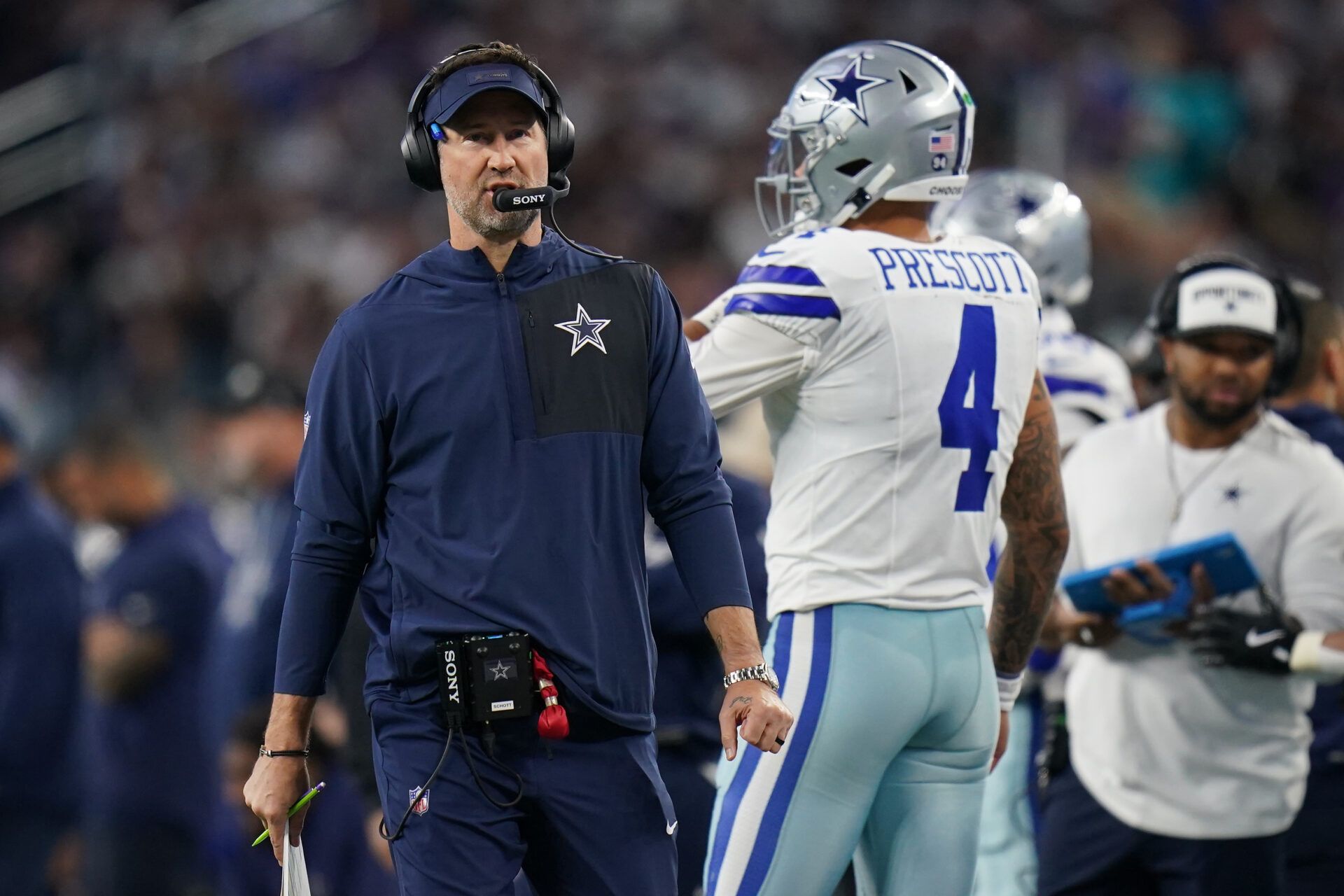Dallas Cowboys head coach Brian Schottenheimer on the sidelines during the first half against the Minnesota Vikings at AT&T Stadium.
