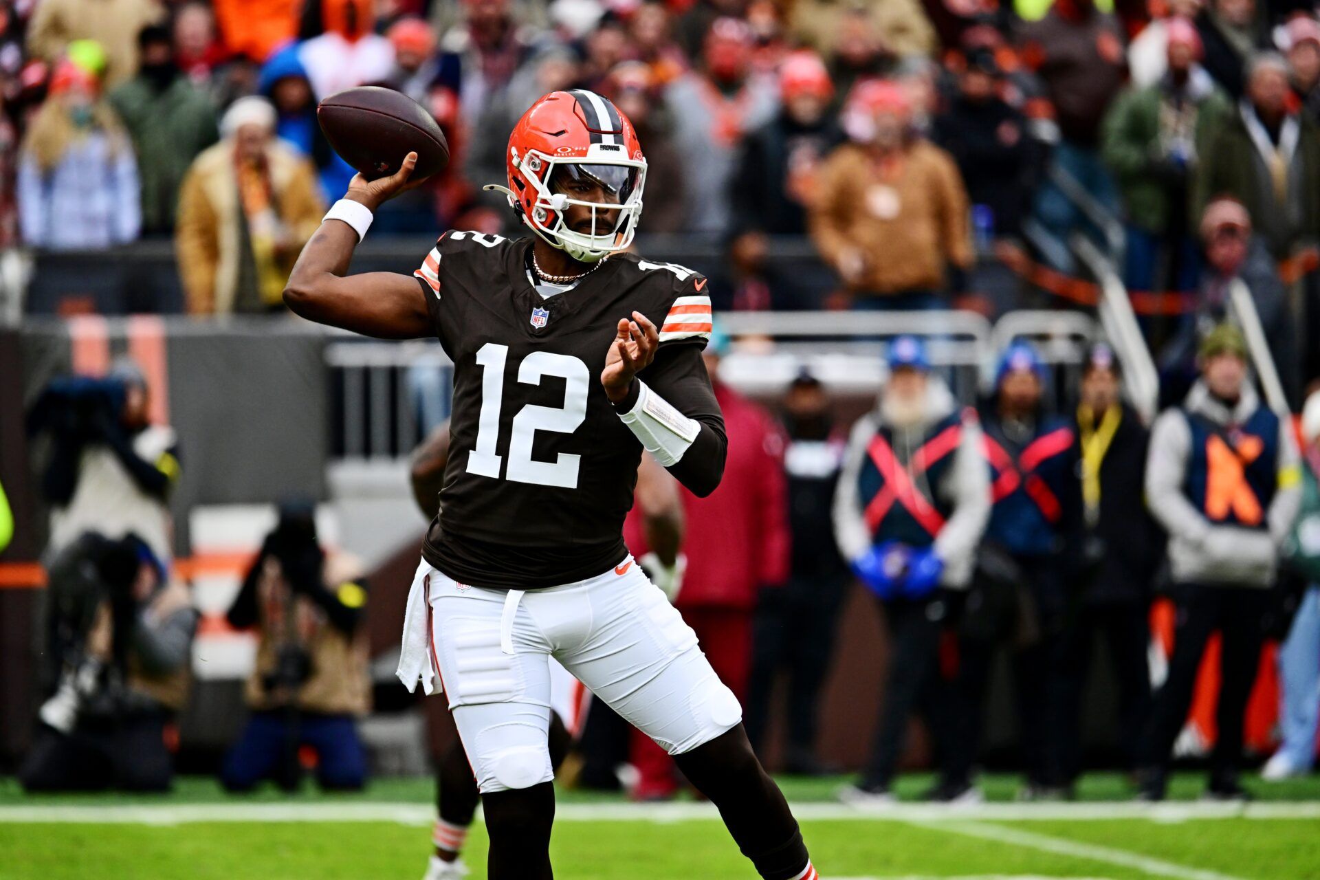 Cleveland Browns quarterback Shedeur Sanders (12) makes a pass during the first half against the San Francisco 49ers at Huntington Bank Field.