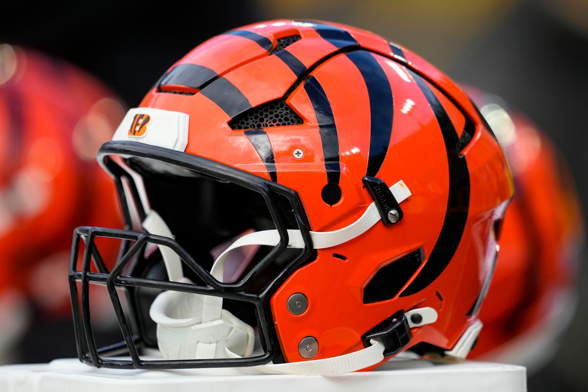 General view of Cincinnati Bengals helmets on the sidelines prior to the game against the Green Bay Packers at Lambeau Field.
