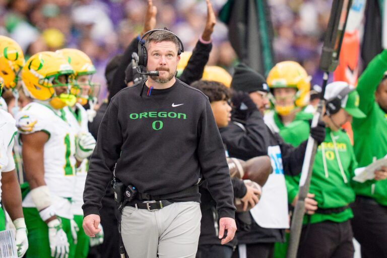 Oregon head coach Dan Lanning walks the sideline as the Oregon Ducks take on the Washington Huskies on Nov. 29, 2025, at Husky Stadium in Seattle, Washington.