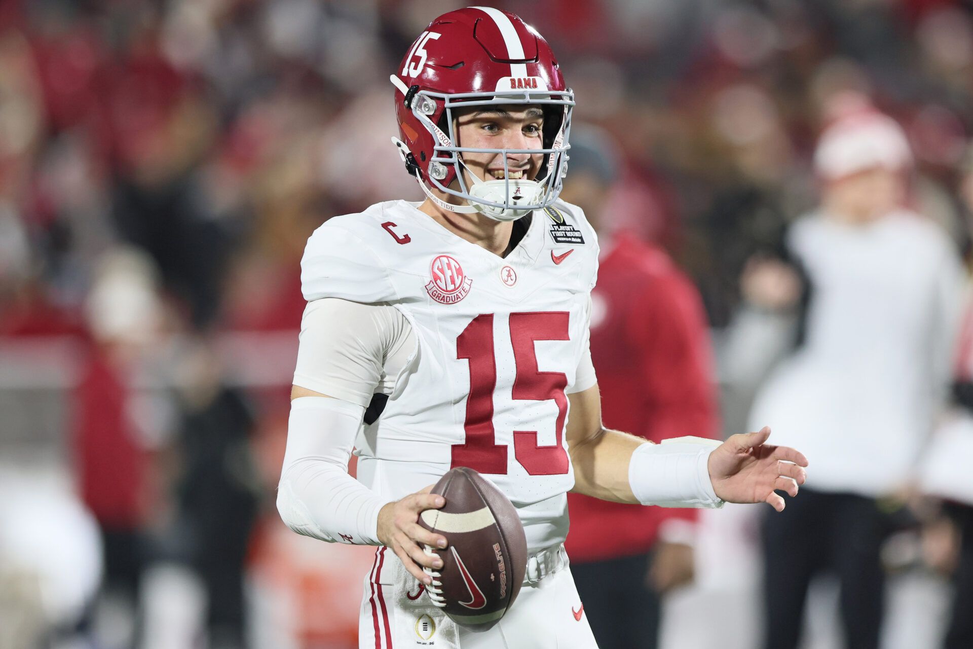 Alabama Crimson Tide quarterback Ty Simpson (15) during warmups prior to the CFP 1st Round Game against the Oklahoma Sooners at Gaylord Family OK Memorial Stadium.