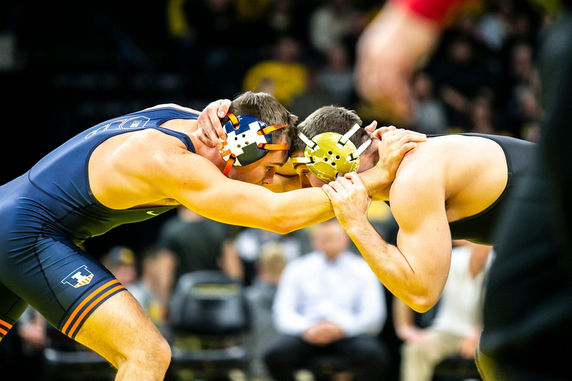 Illinois' Dylan Connell, left, wrestles Iowa's Abe Assad at 184 pounds during a NCAA Big Ten Conference men's wrestling dual, Friday, Jan. 6, 2023, at Carver-Hawkeye Arena in Iowa City, Iowa.

230106 Illinois Iowa Wr 032 Jpg