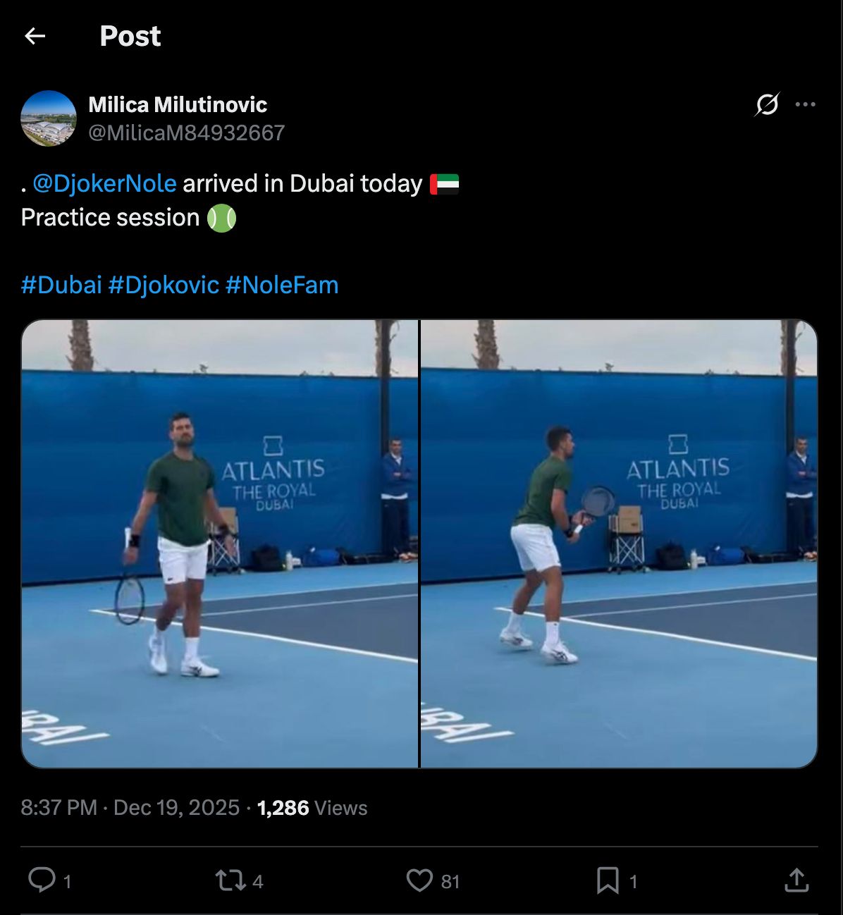 Novak Djokovic practicing in Dubai ahead of 2026 season