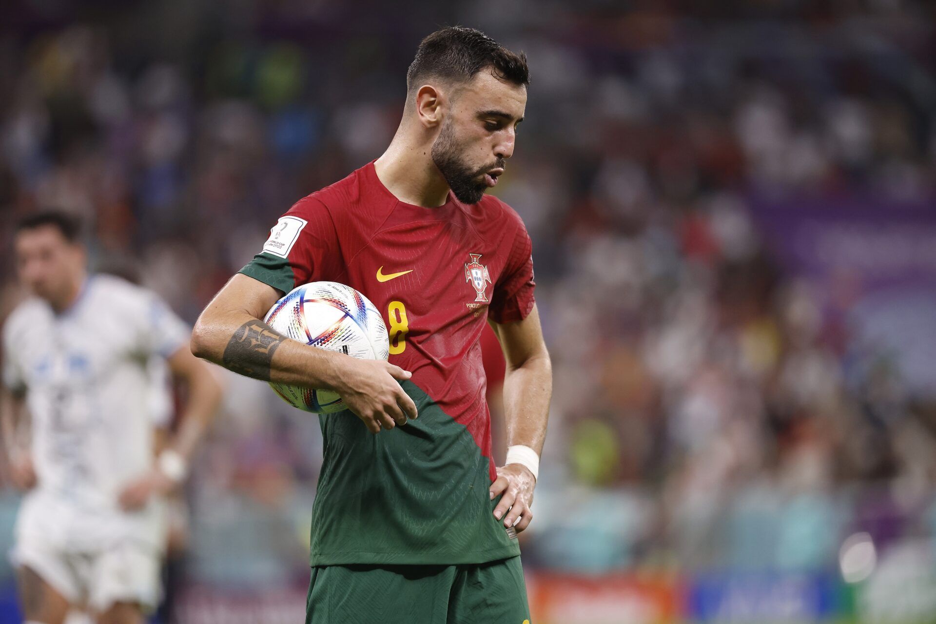 Portugal midfielder Bruno Fernandes (8) reacts during the second half of the group stage match in the 2022 World Cup at Lusail Stadium.