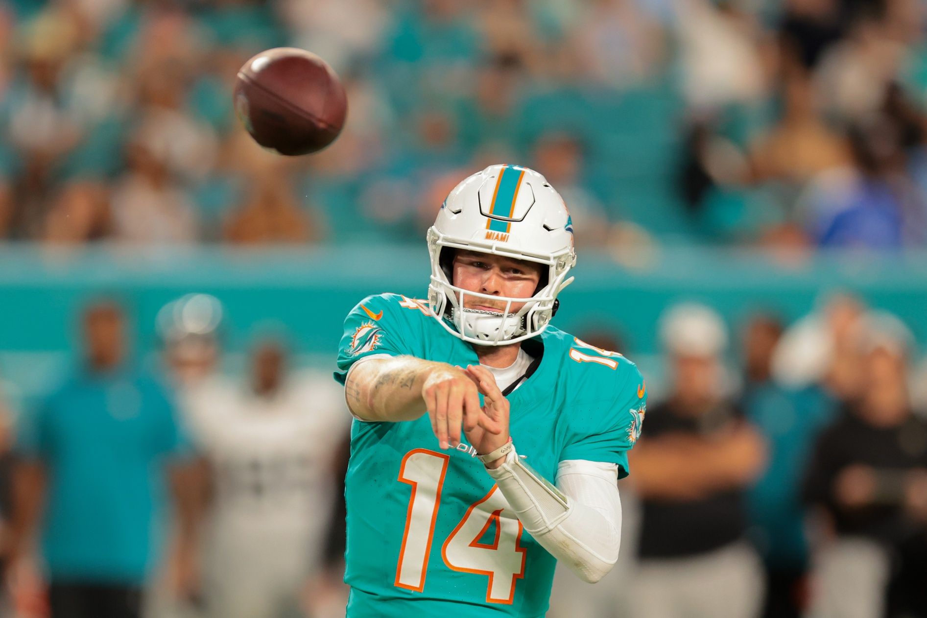 Miami Dolphins quarterback Quinn Ewers (14) passes the football against the Jacksonville Jaguars during the fourth quarter at Hard Rock Stadium.