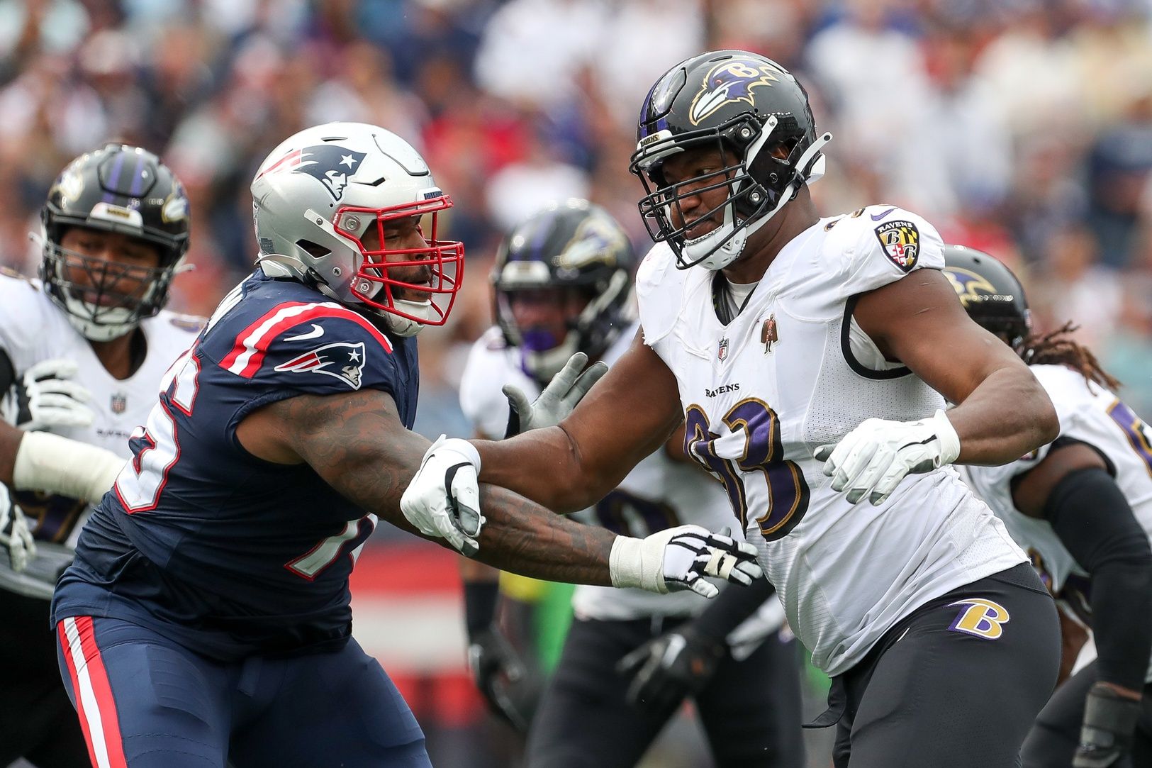 Baltimore Ravens defensive end Calais Campbell (93) during the first half against the New England Patriots at Gillette Stadium.