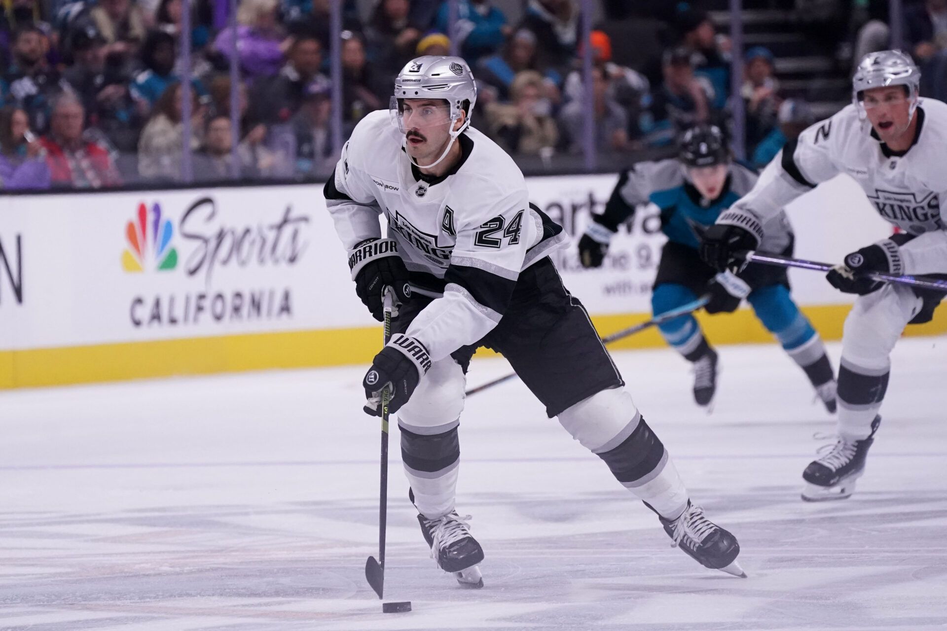 Former Los Angeles Kings center Phillip Danault (24) controls the puck against the San Jose Sharks in the second period at SAP Center in San Jose.
