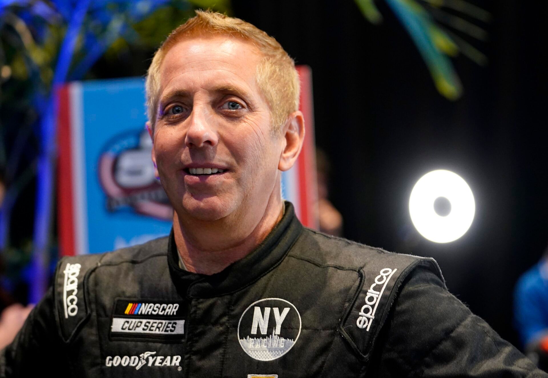 Feb 16, 2022; Daytona, FL, USA; NASCAR Cup Series driver Greg Biffle (44) talks to the press during Daytona 500 media day at Daytona International Speedway.