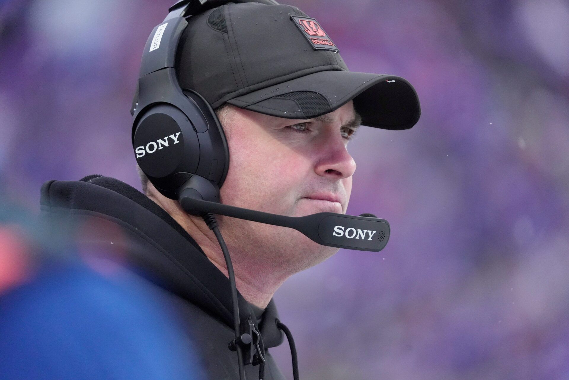 Cincinnati Bengals head coach Zac Taylor keeps his eye on the play during second half action at Highmark Stadium in Orchard Park on Dec. 7, 2025.