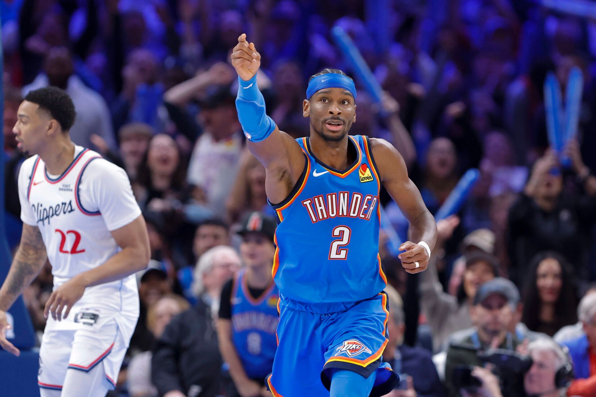 Oklahoma City Thunder guard Shai Gilgeous-Alexander (2) gestures after scoring against the Los Angeles Clippers during the second half at Paycom Center.
