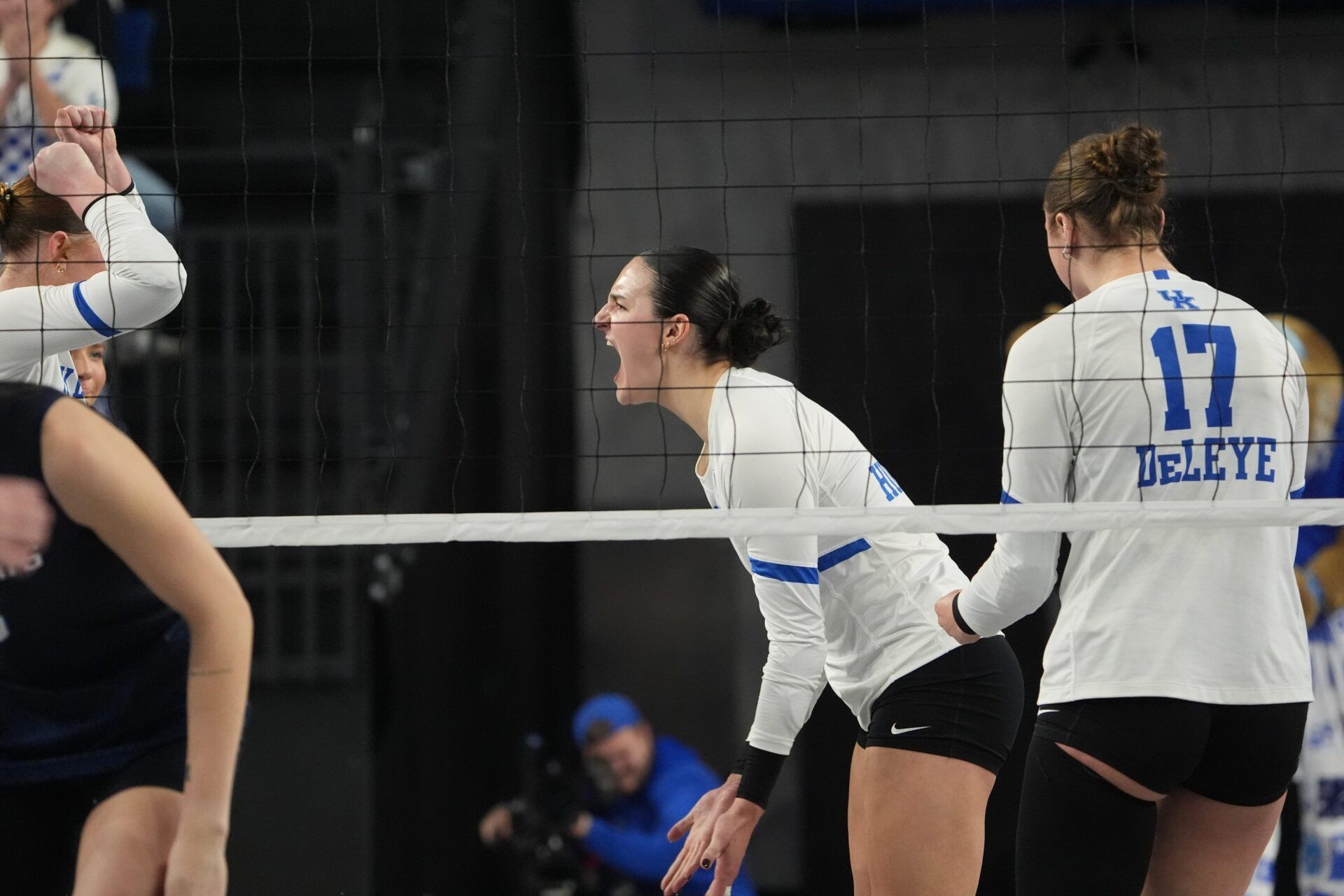 Kentucky's outside hitter Eva Hudson (7) celebrates scoring against Creighton in the match to get to the Final Four.
Dec. 13, 2025
