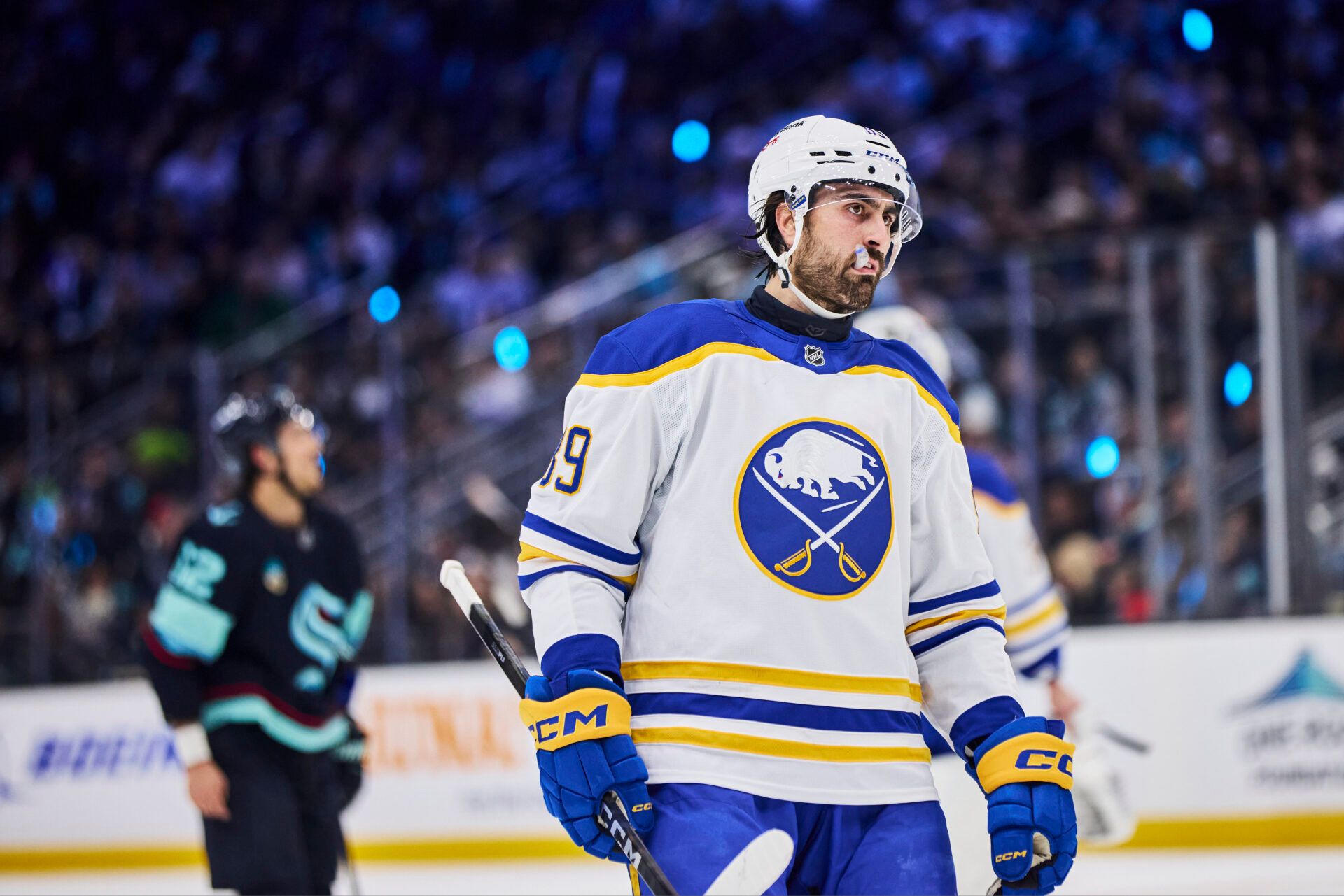 Buffalo Sabres right wing Alex Tuch (89) looks on during the second period against the Seattle Kraken at Climate Pledge Arena.