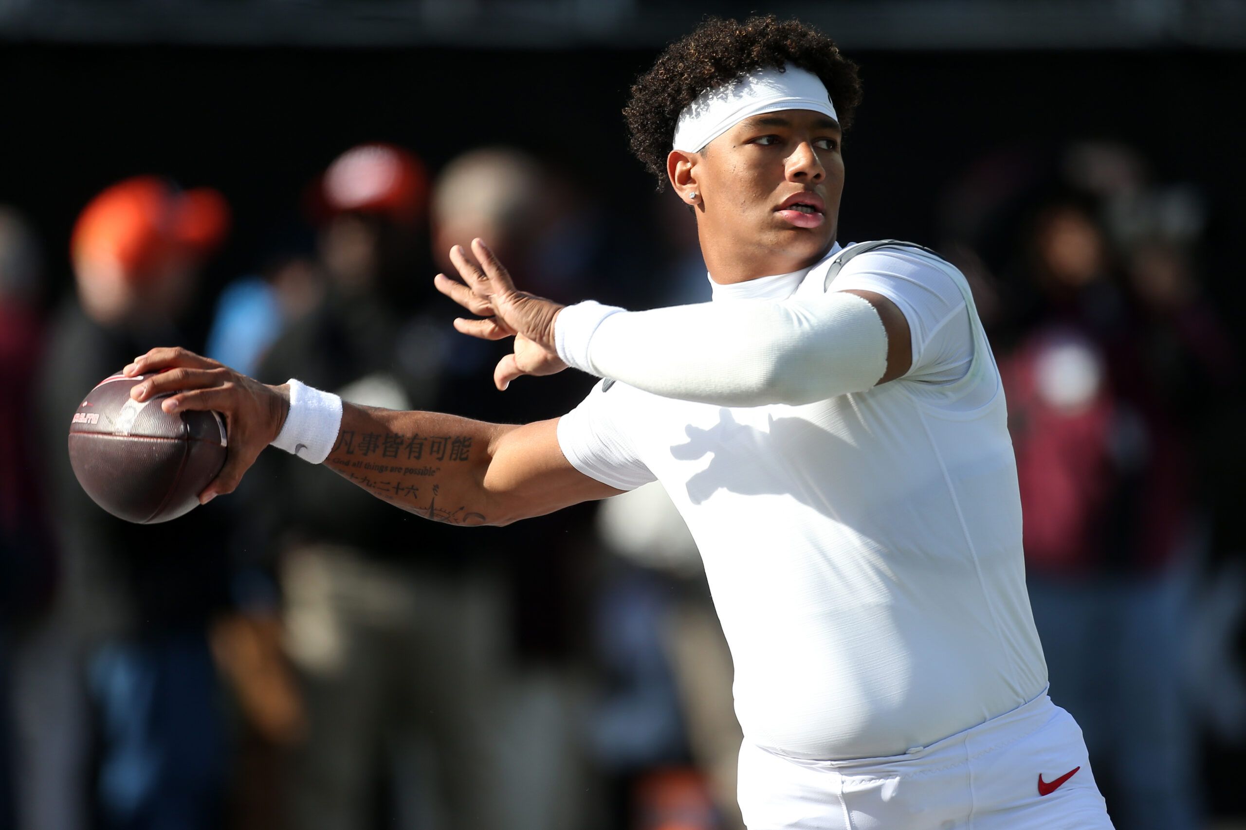 Mississippi Rebels quarterback Trinidad Chambliss (6) warms up before the game against the Mississippi State Bulldogs at Davis Wade Stadium at Scott Field.