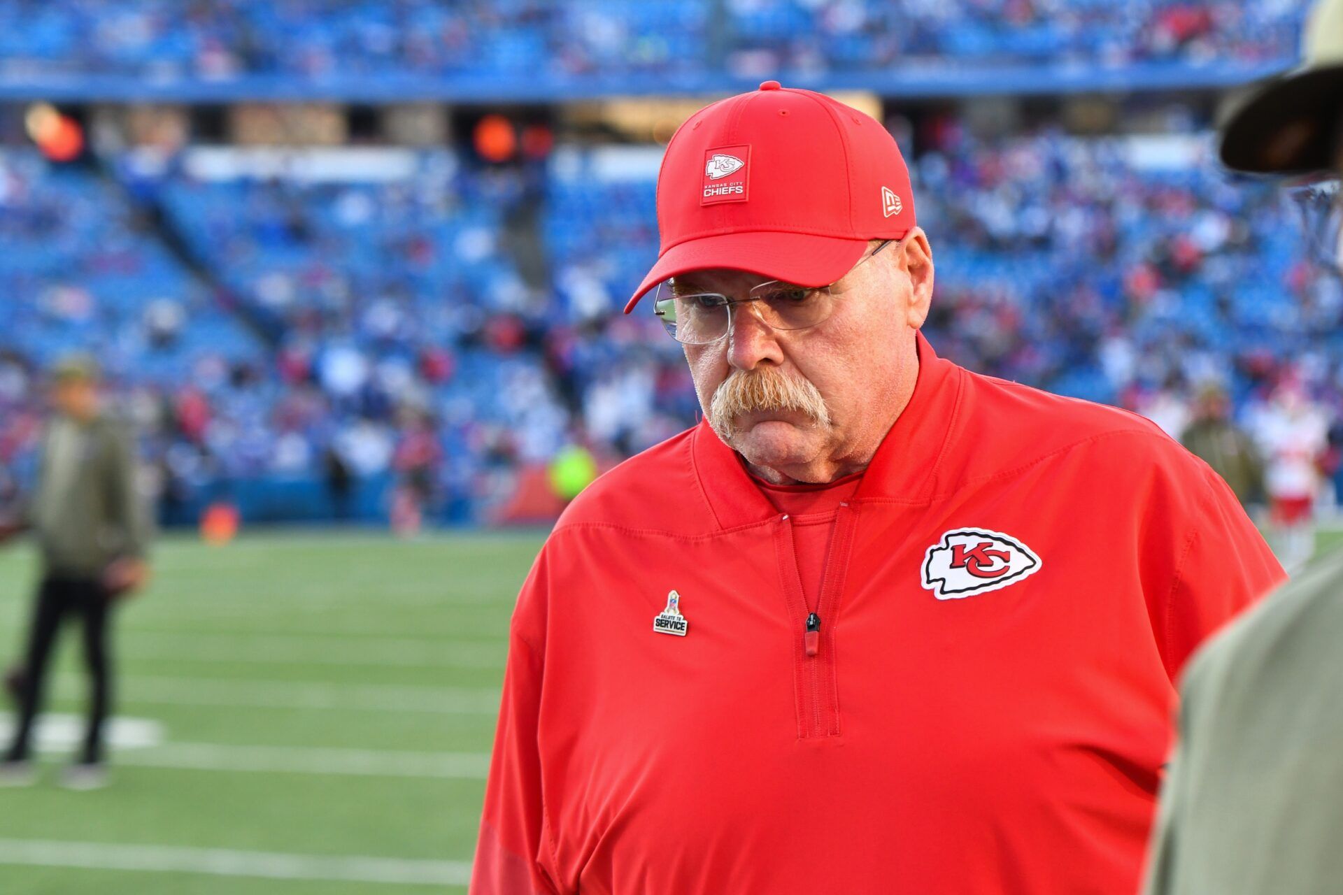 Kansas City Chiefs head coach Andy Reid walks the sideline before the game against the Buffalo Bills at Highmark Stadium.