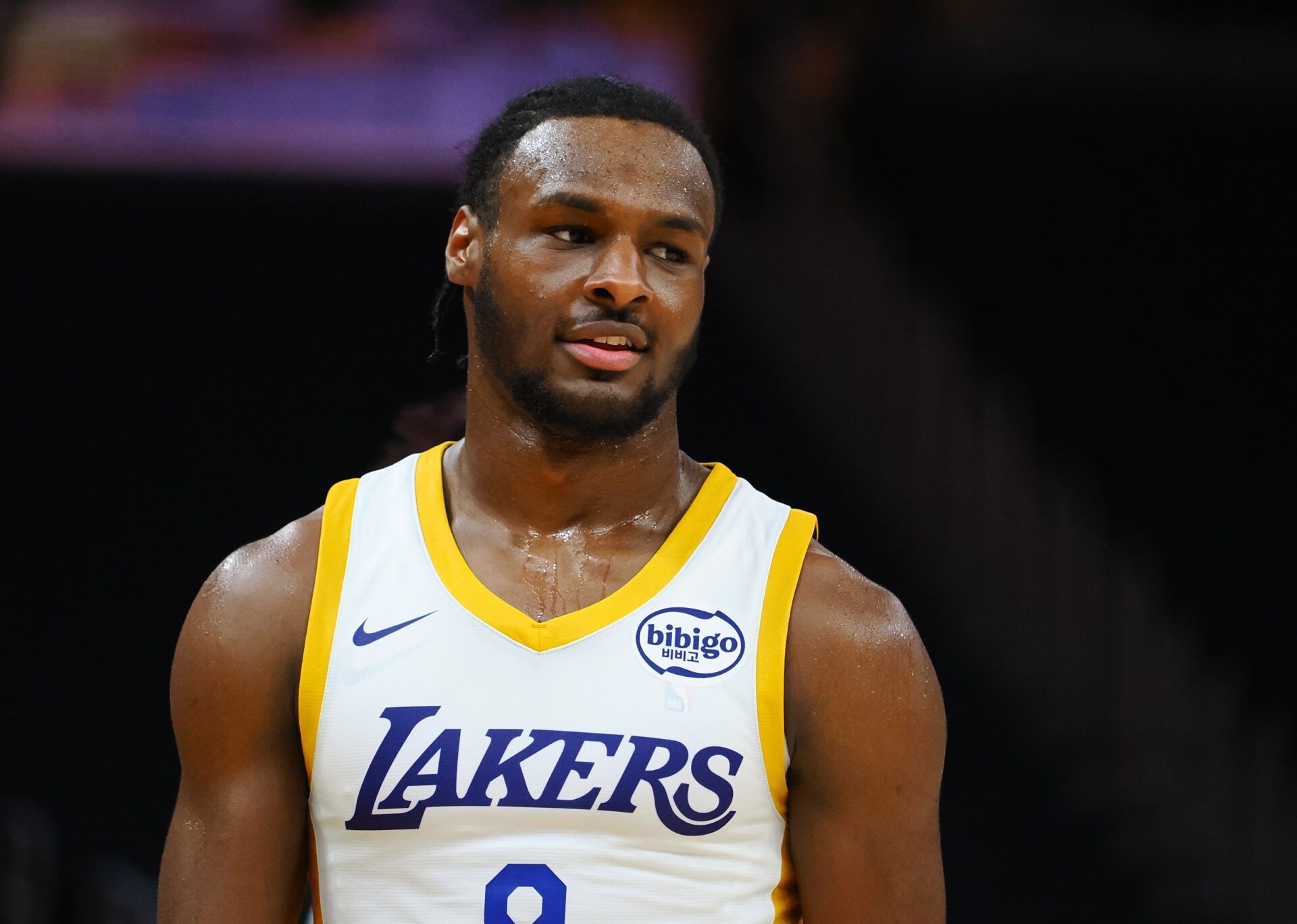 Los Angeles Lakers guard Bronny James Jr. (9) between plays against the Miami Heat during the fourth quarter at Chase Center.