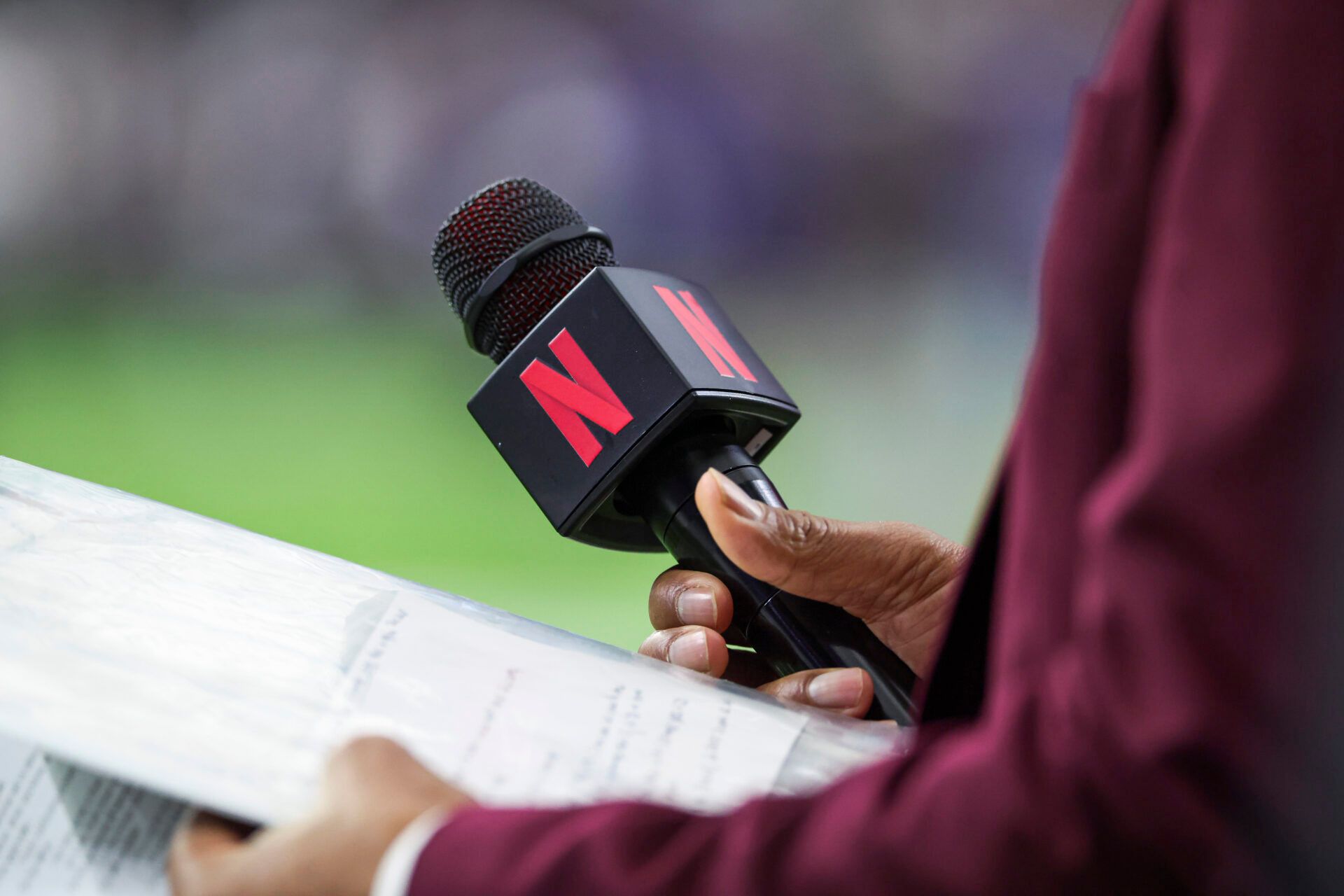 General view of a Netflix microphone held by sideline reporter Steve Wyche before the game between the Houston Texans and the Baltimore Ravens at NRG Stadium.