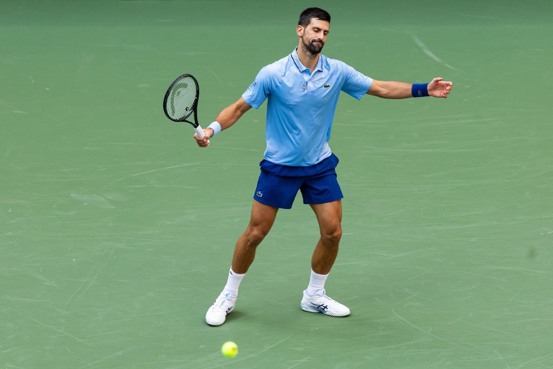 Novak Djokovic of Serbia in action against Carlos Alcaraz of Spain in the semifinal of the mens singles at the US Open at Arthur Ashe Stadium in Billie Jean King National Tennis Center.