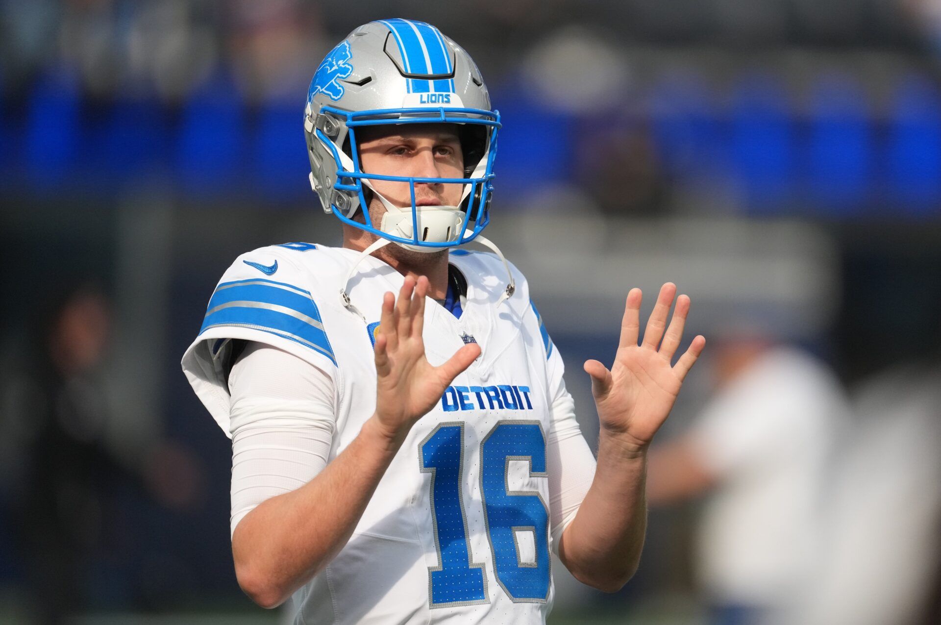 Detroit Lions quarterback Jared Goff (16) is seen during warmups prior to the game against the Los Angeles Rams at SoFi Stadium.