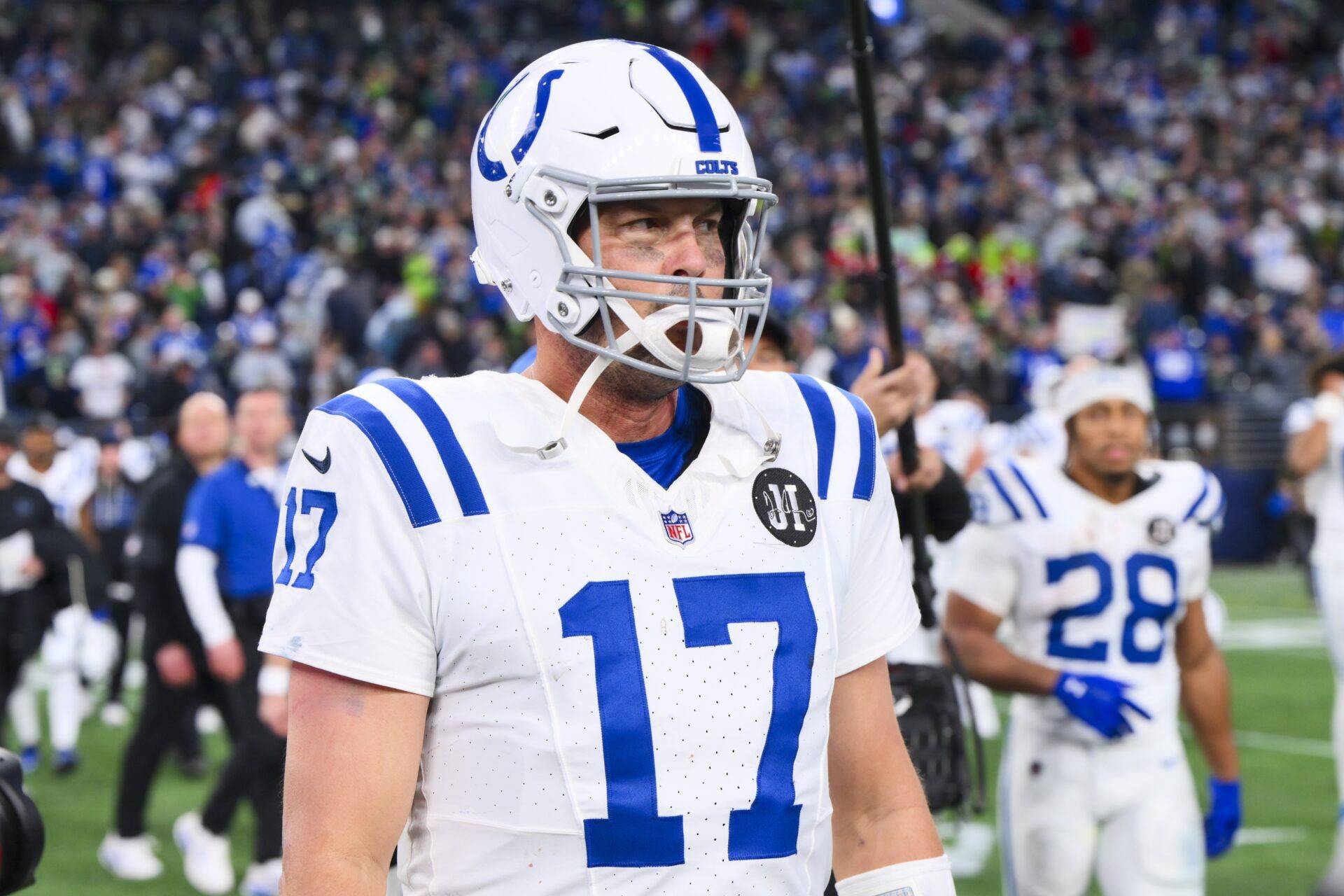 Indianapolis Colts quarterback Philip Rivers (17) walks to the locker room following a loss against the Seattle Seahawks Colts at Lumen Field.