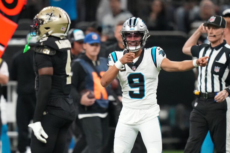 Carolina Panthers quarterback Bryce Young (9) reacts during the first quarter against the New Orleans Saints at Caesars Superdome.