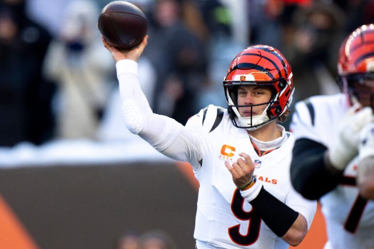 Cincinnati Bengals quarterback Joe Burrow (9) throws a pass in the third quarter of the NFL football game between Baltimore Ravens and Cincinnati Bengals at Paycor Stadium in Cincinnati on Dec. 14, 2025.