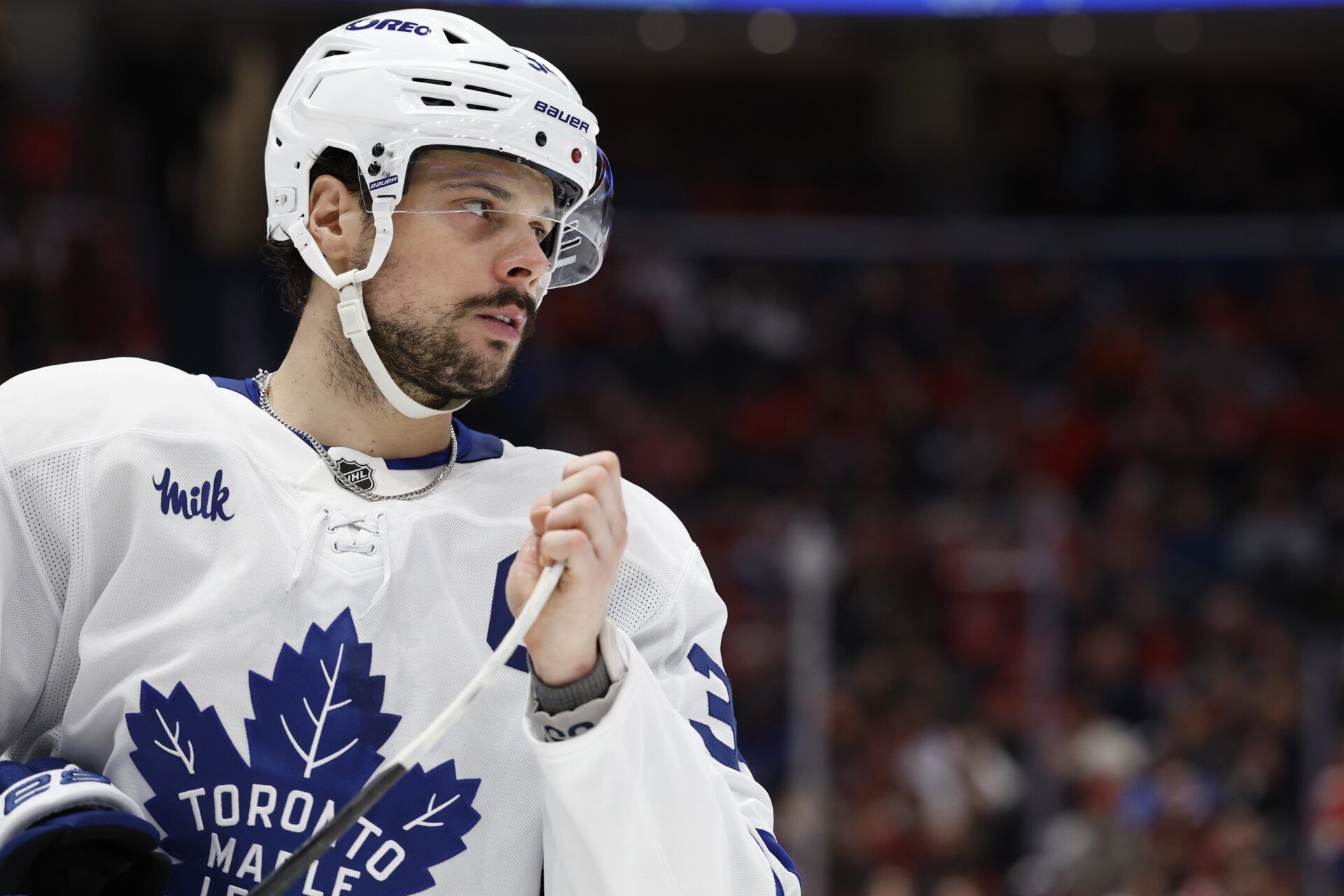 Toronto Maple Leafs center Auston Matthews (34) holds the bade of his stick prior to a face-off against the Washington Capitals during the third period at Capital One Arena.