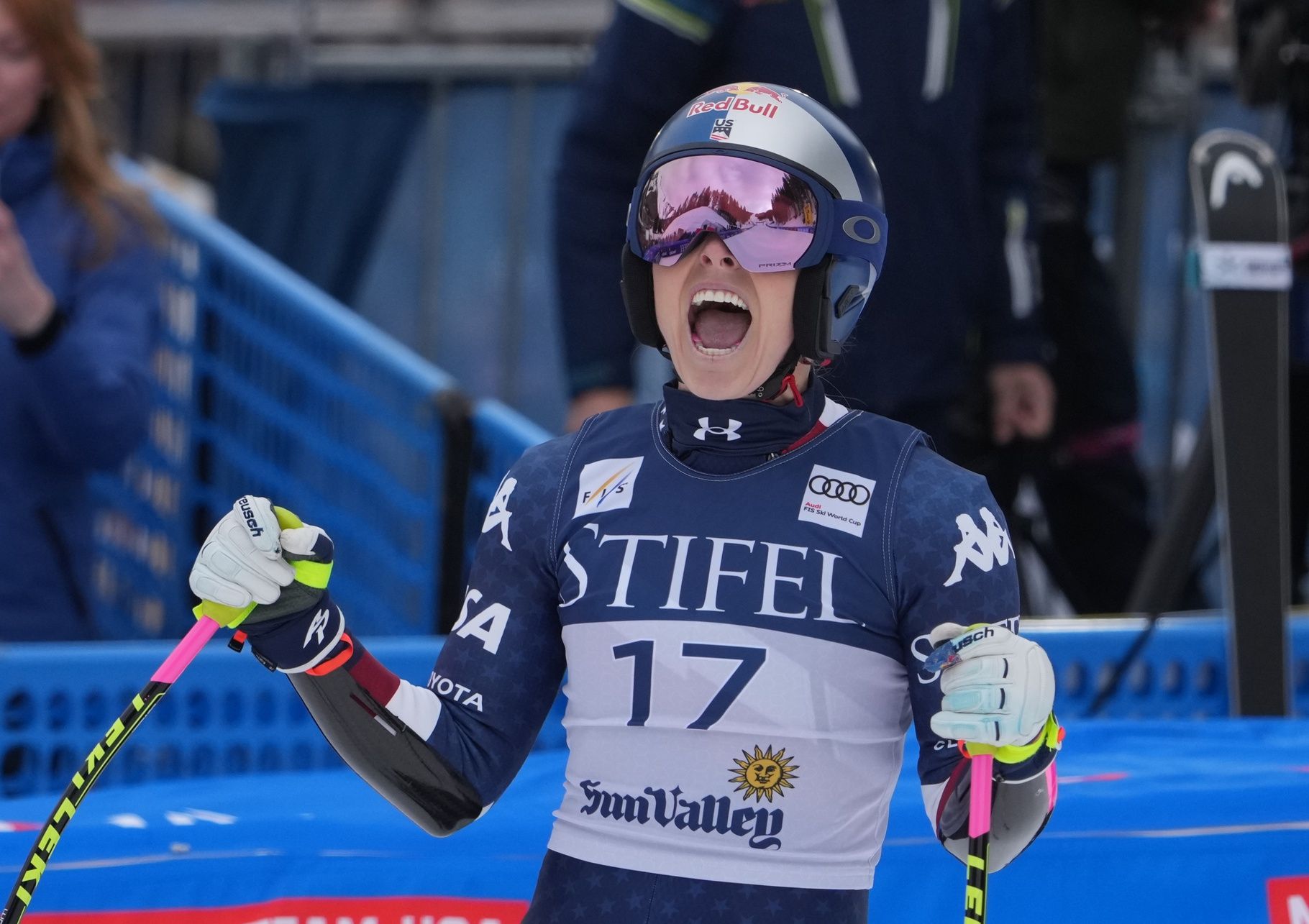Lindsey Vonn of the United States reacts in the finish area during the women's Super G alpine skiing race in the 2025 FIS Ski World Cup at Sun Valley.