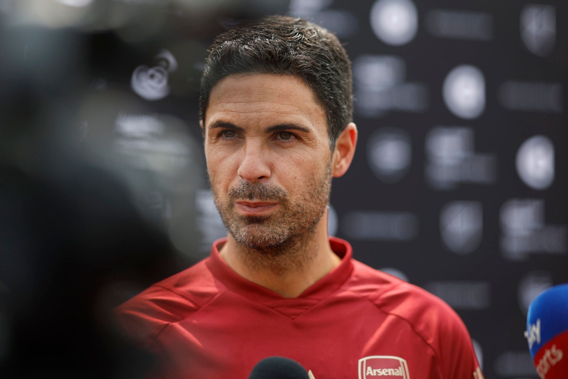 Arsenal manager Mikel Arteta speaks with the media prior to an Arsenal training session at George Mason University Field House in preparation for the 2023 MLS All Star Game.