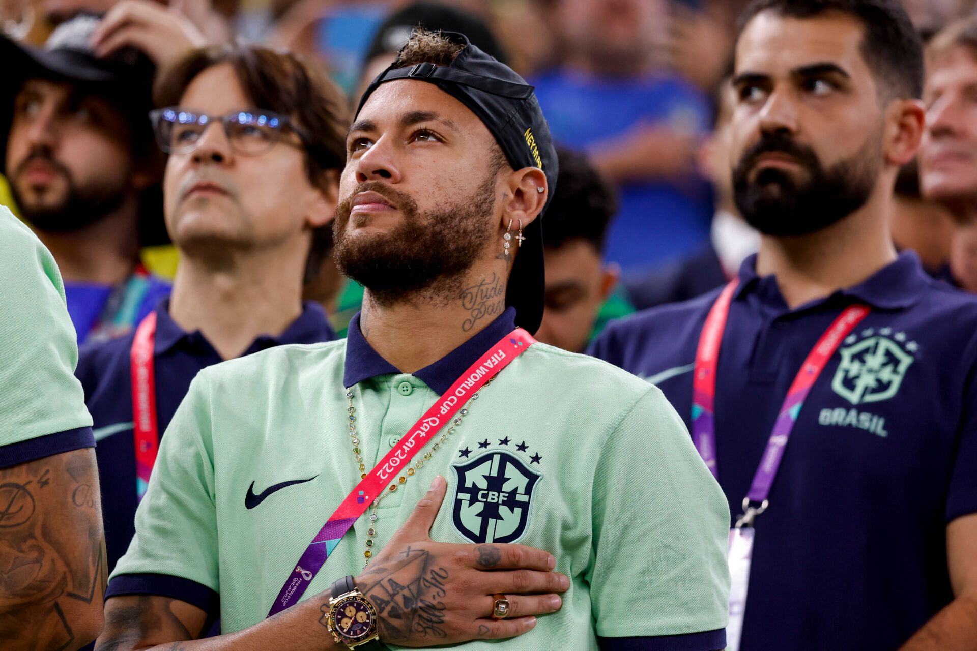 Brazil’s Neymar is seen during the national anthem prior to the match against Cameroon during a group stage match during the 2022 World Cup at Lusail Stadium.