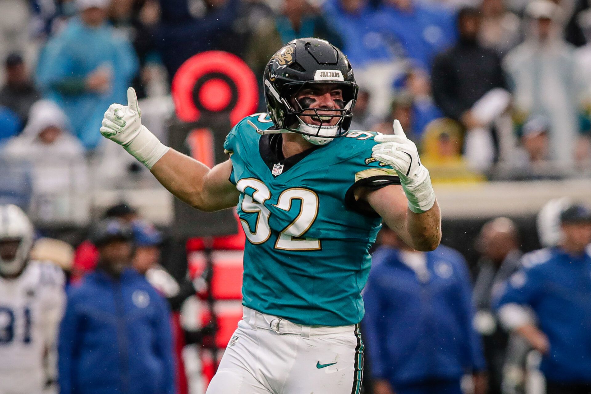 Jacksonville Jaguars defensive lineman Danny Striggow (92) celebrates after a play against the Indianapolis Colts at EverBank Stadium.