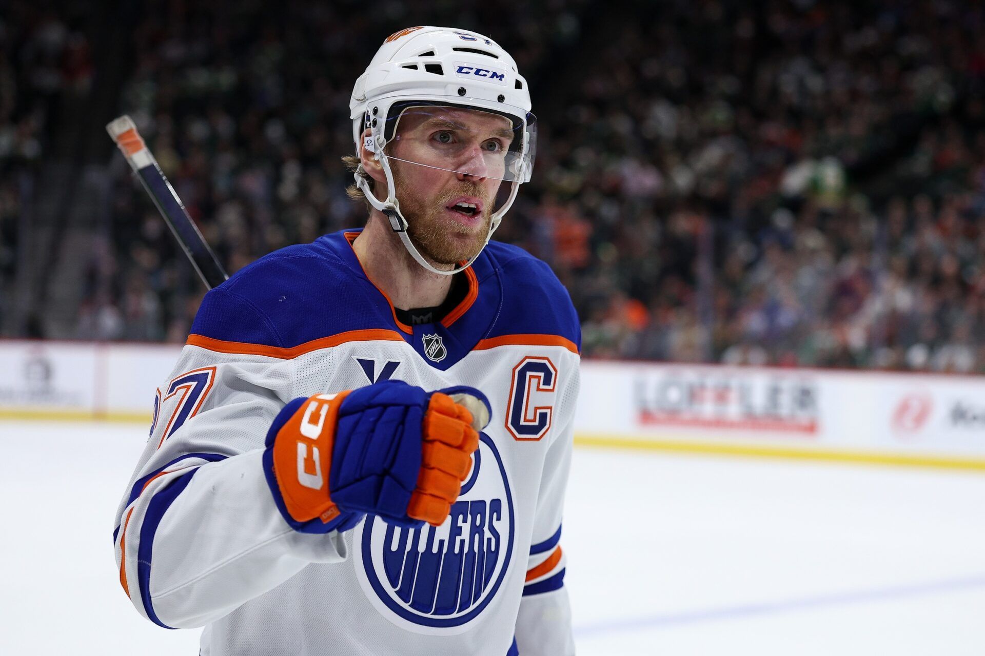 Edmonton Oilers center Connor McDavid (97) celebrates his goal against the Minnesota Wild during the first period at Grand Casino Arena.