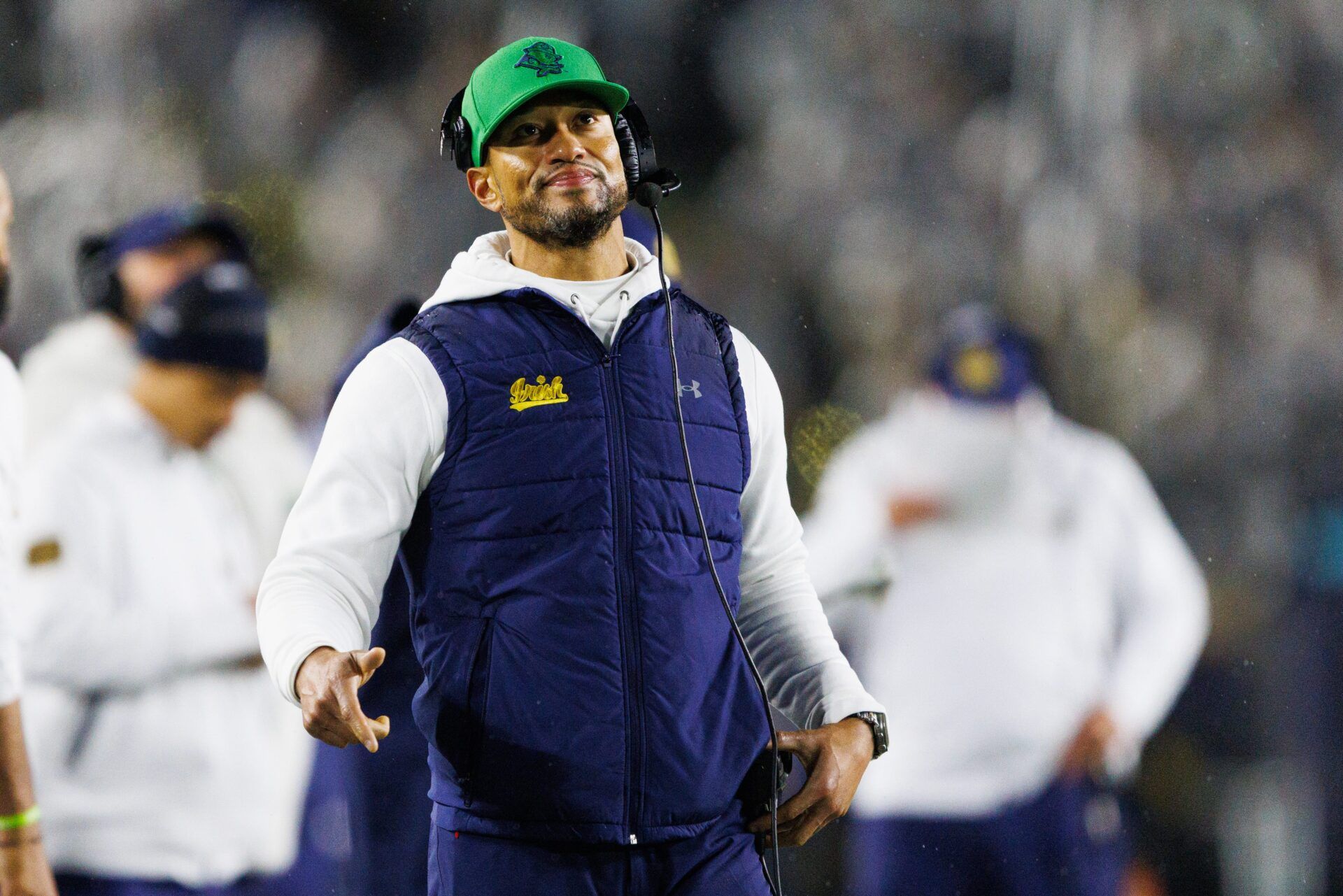 Notre Dame head coach Marcus Freeman looks on during the first half of a NCAA football game against Navy at Notre Dame Stadium on Saturday, Nov. 8, 2025, in South Bend.