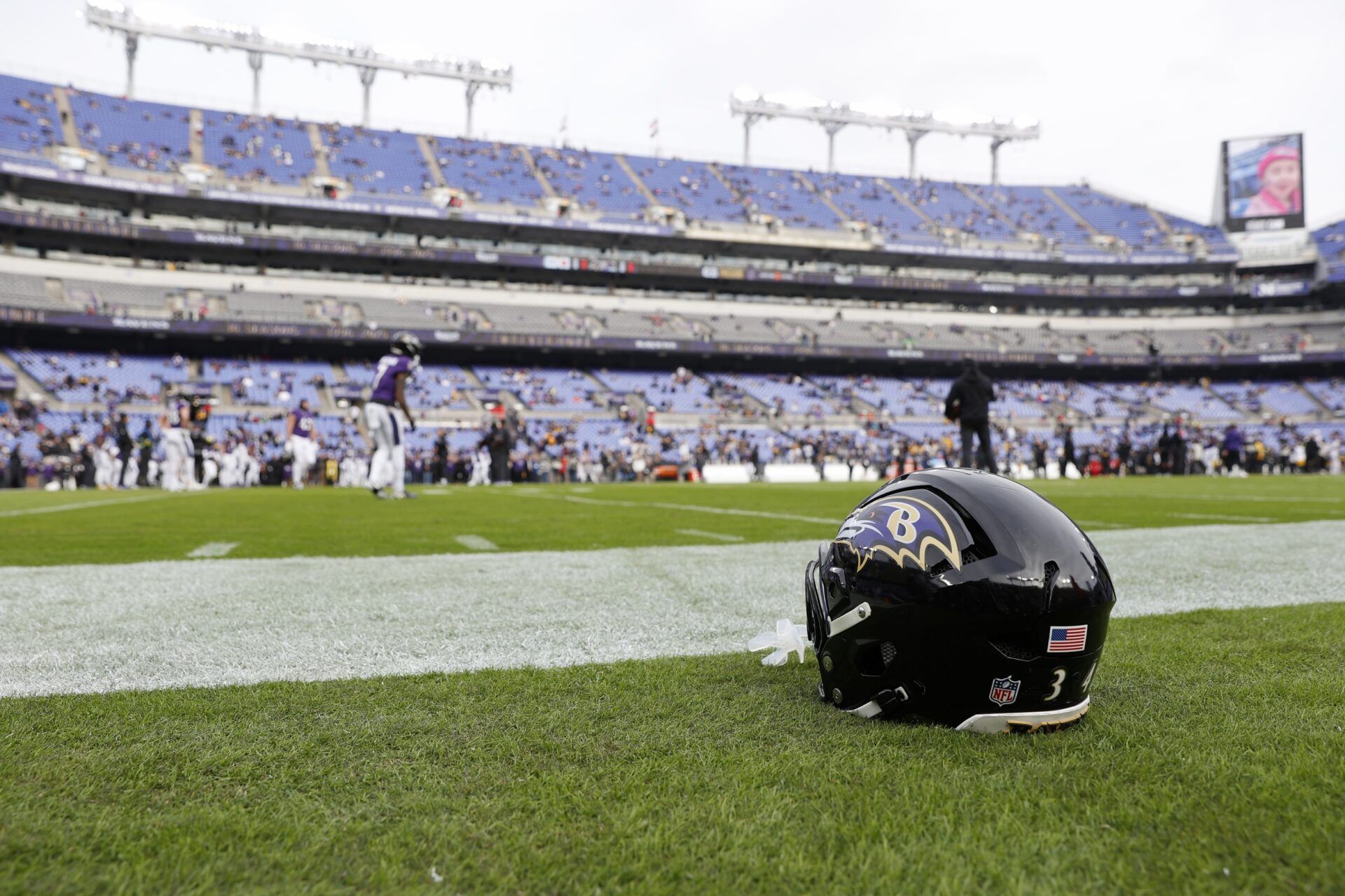 A detail view of of a Baltimore Ravens helmet on the field before the game between the Pittsburgh Steelers and Baltimore Ravens at M&T Bank Stadium.